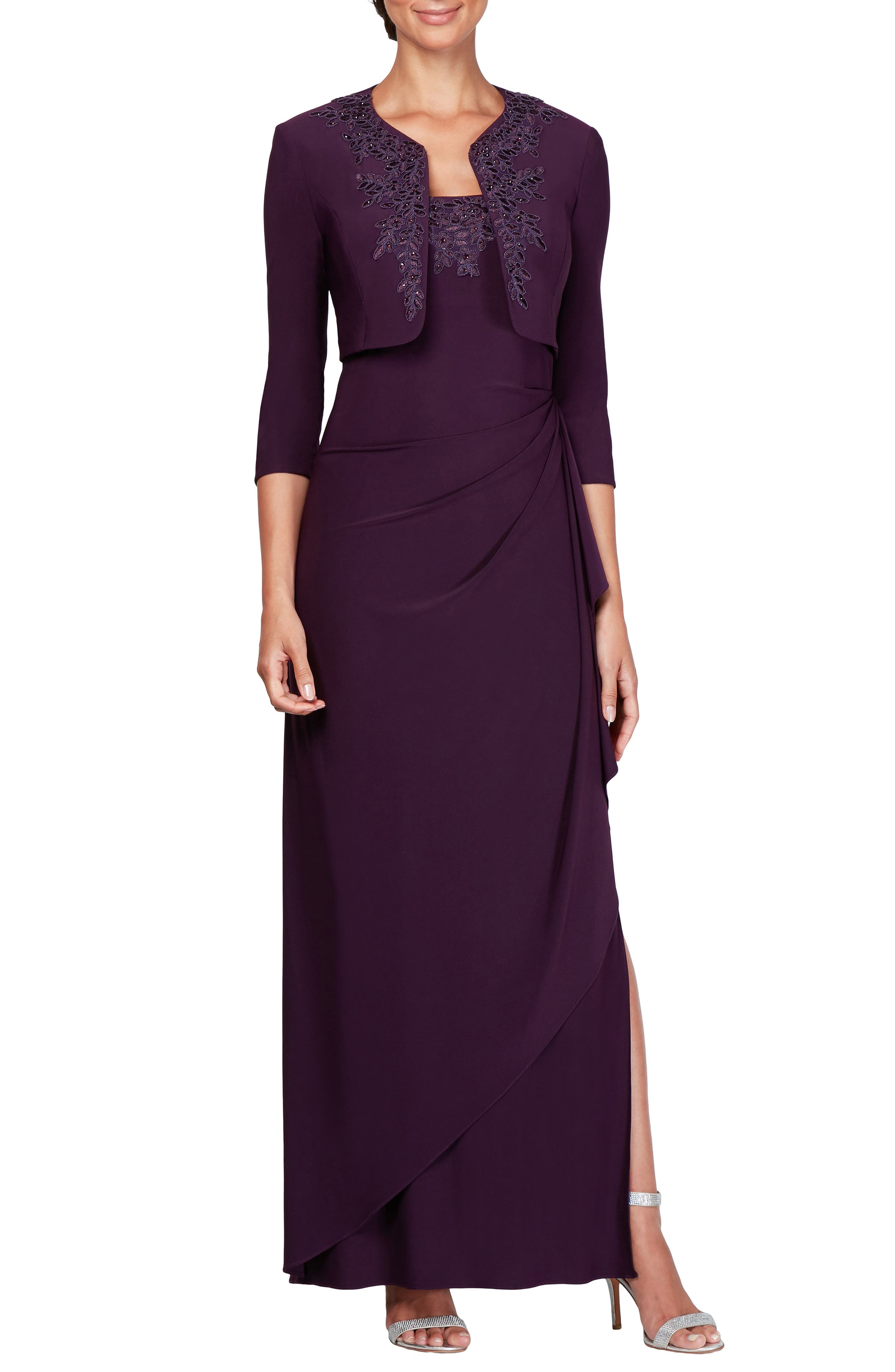 Petite Alex Evenings Side Ruched Evening Dress With Bolero, Purple