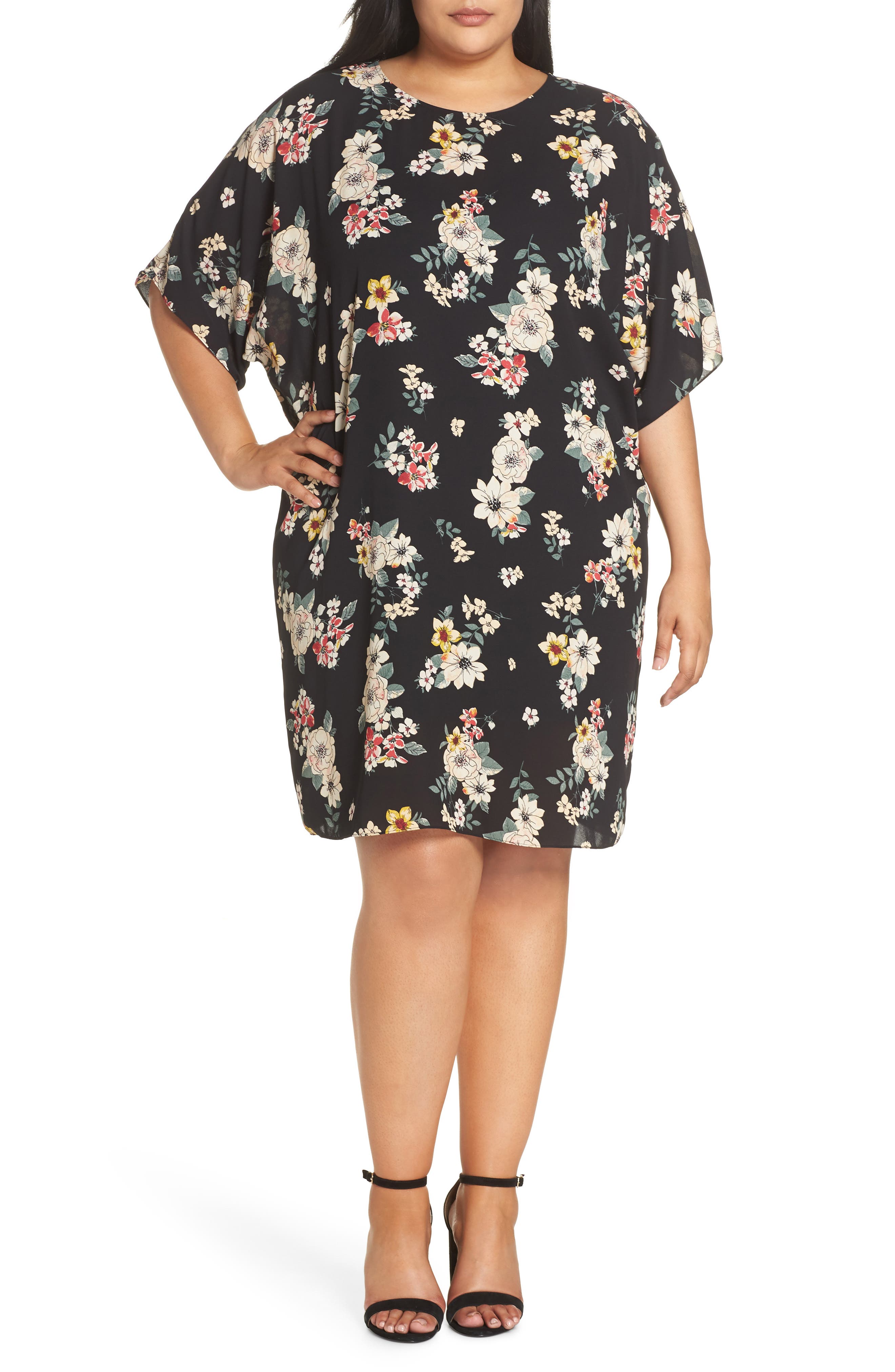 Plus Size Vince Camuto Floral Story Dolman Sleeve Dress, Black