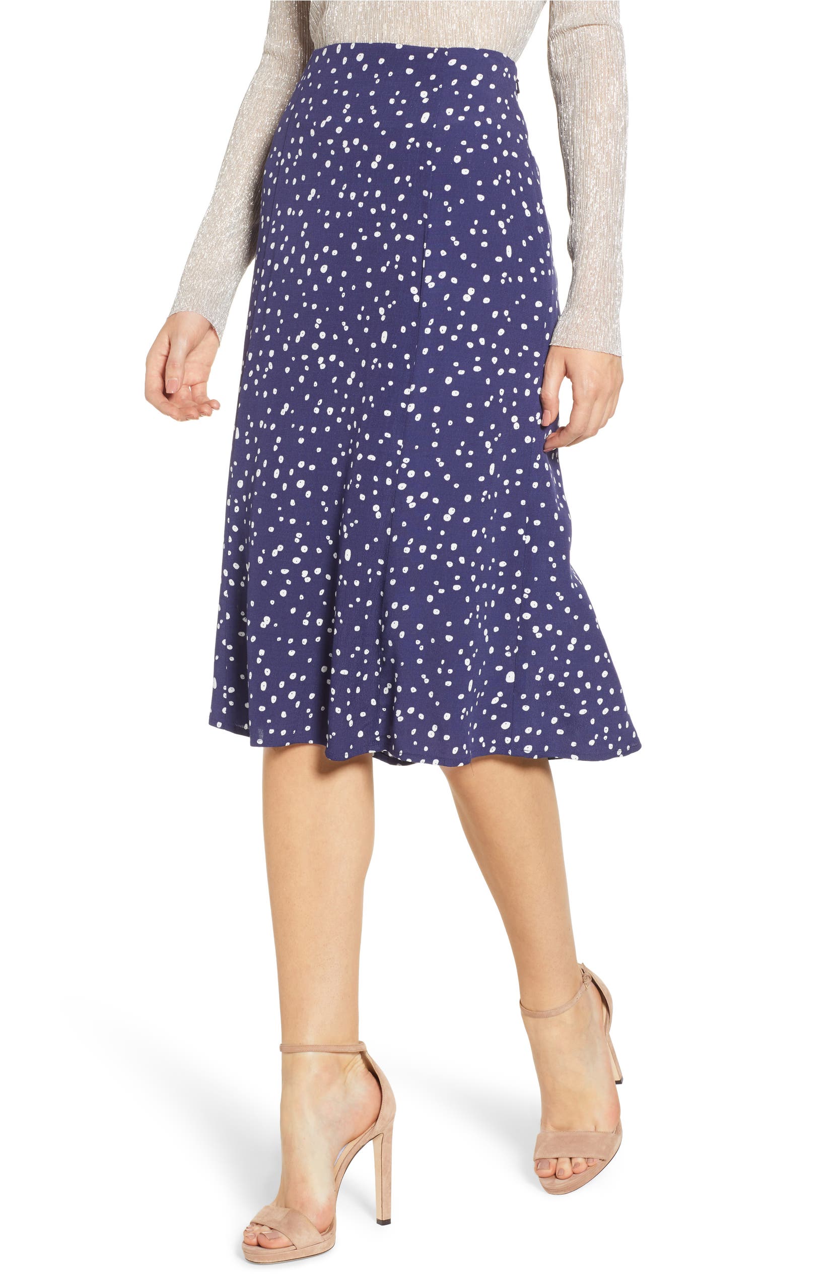 High Waist Print Midi Skirt, Main, color, NAVY PEACOAT BUTTON DOTS
