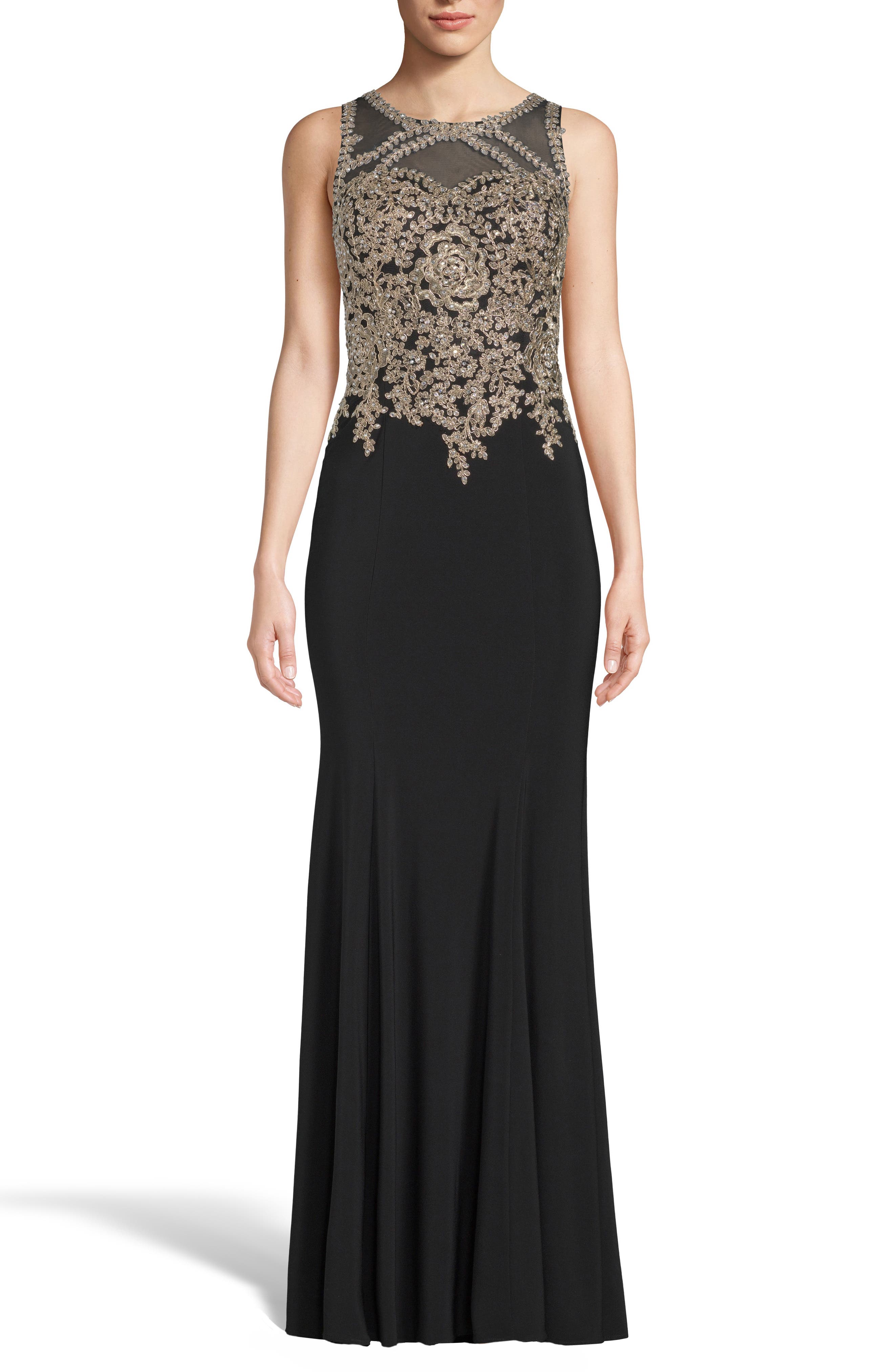 Xscape Golden Embroidered Bodice Evening Dress, Black