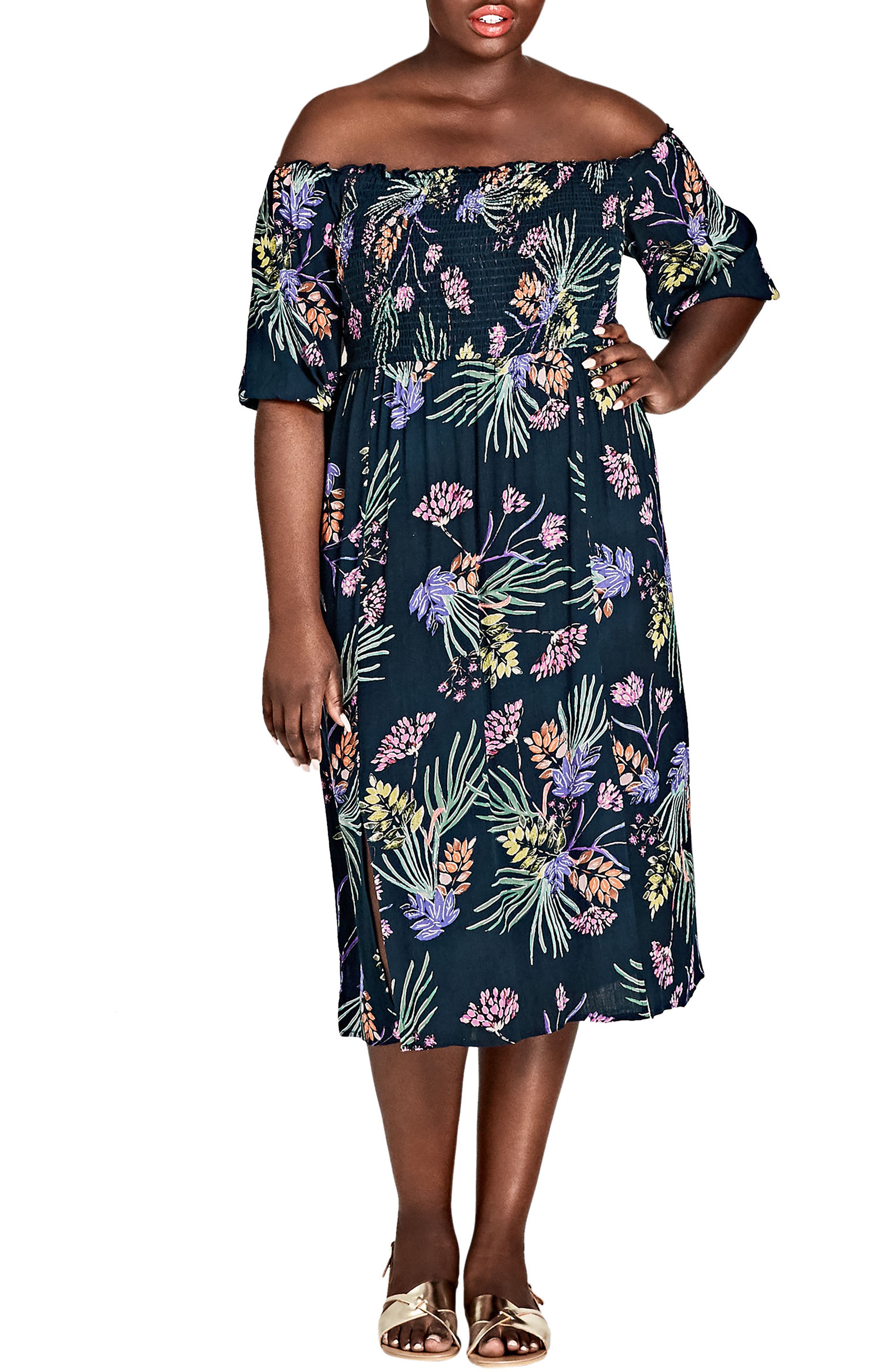 Plus Size City Chic Island Floral Off The Shoulder Midi Dress, Black