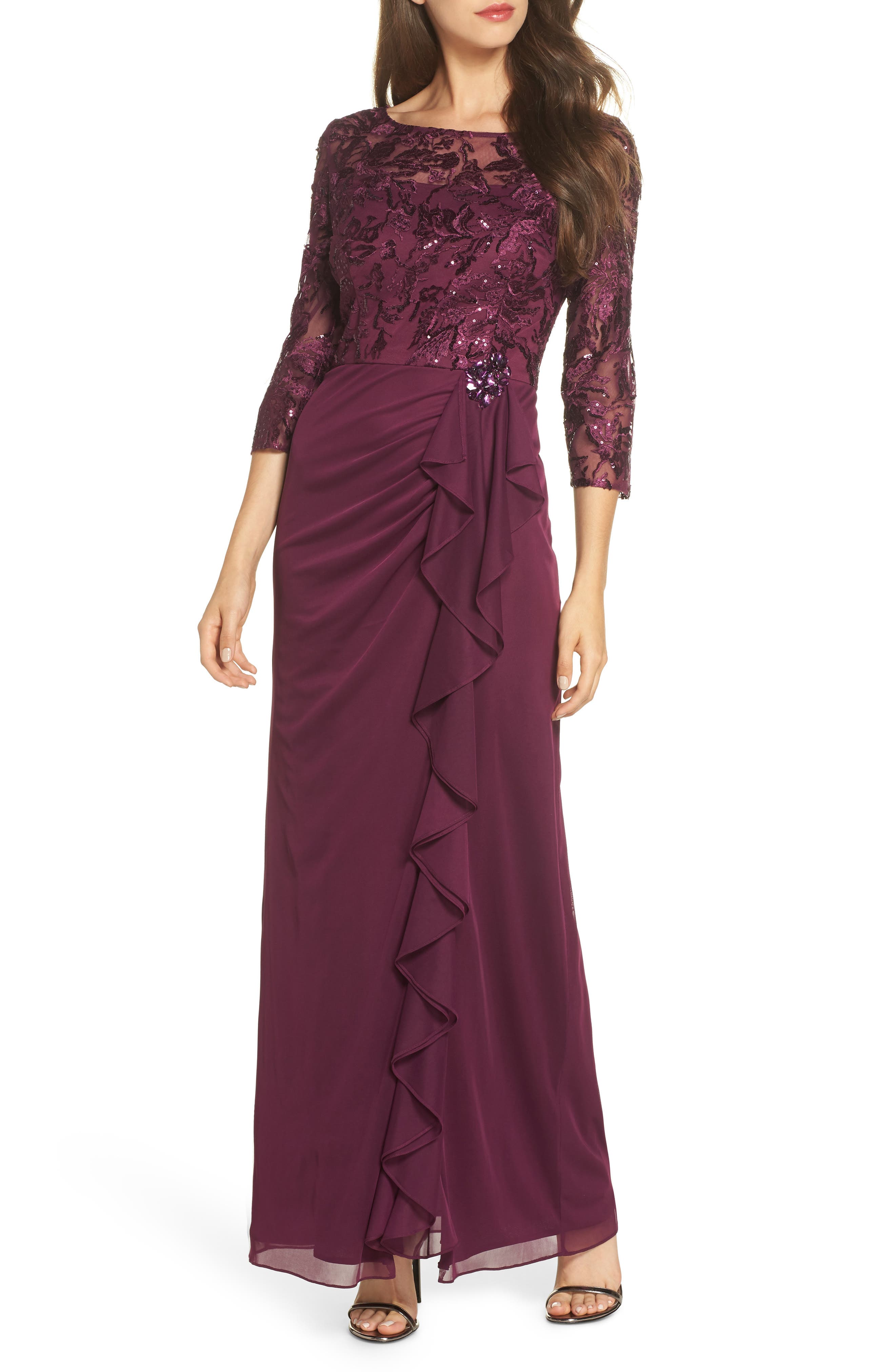 Alex Evenings Ruffle Detail Column Gown, Purple