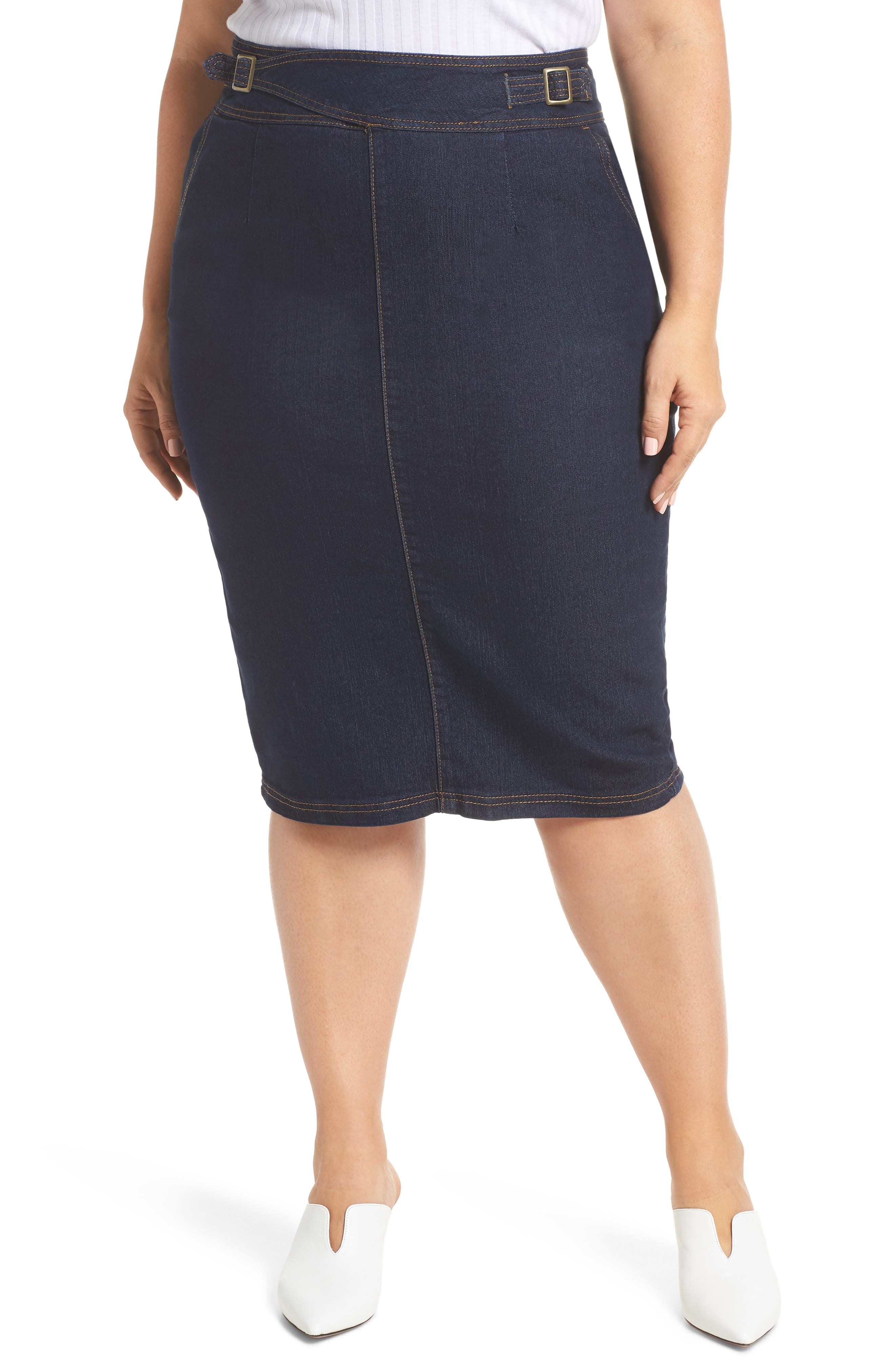 Plus Size Lost Ink Denim Pencil Skirt, Blue