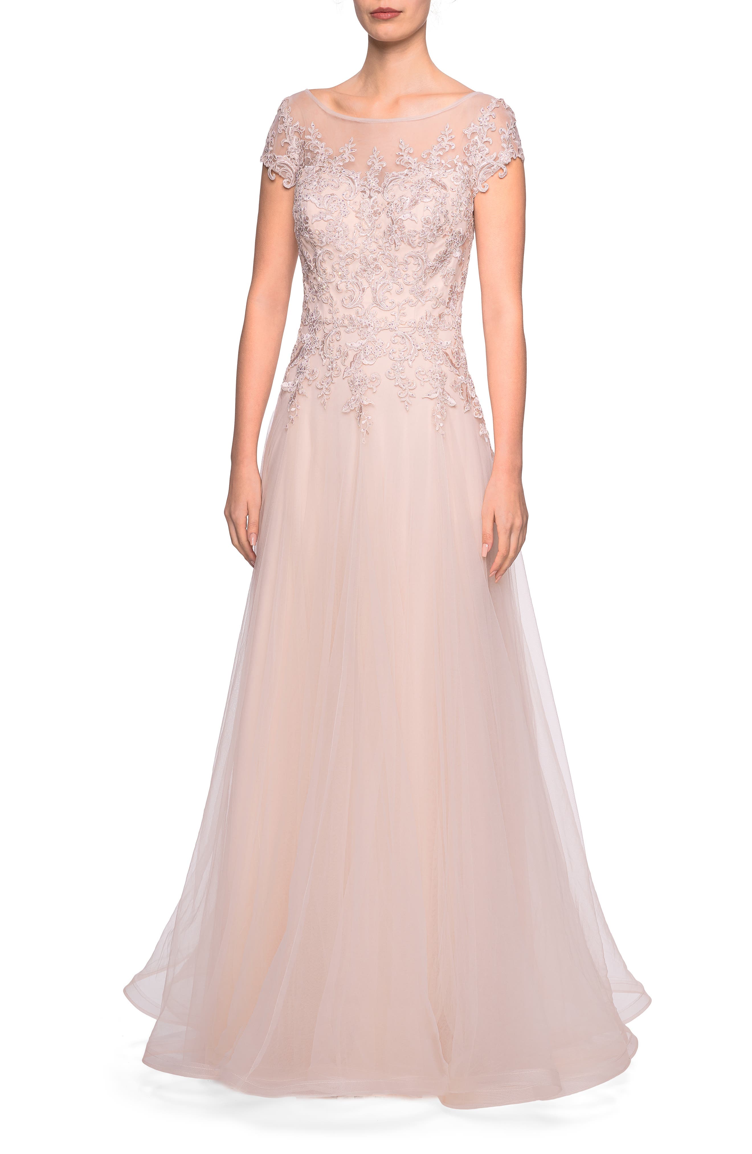La Femme Tulle A-Line Evening Dress, Pink