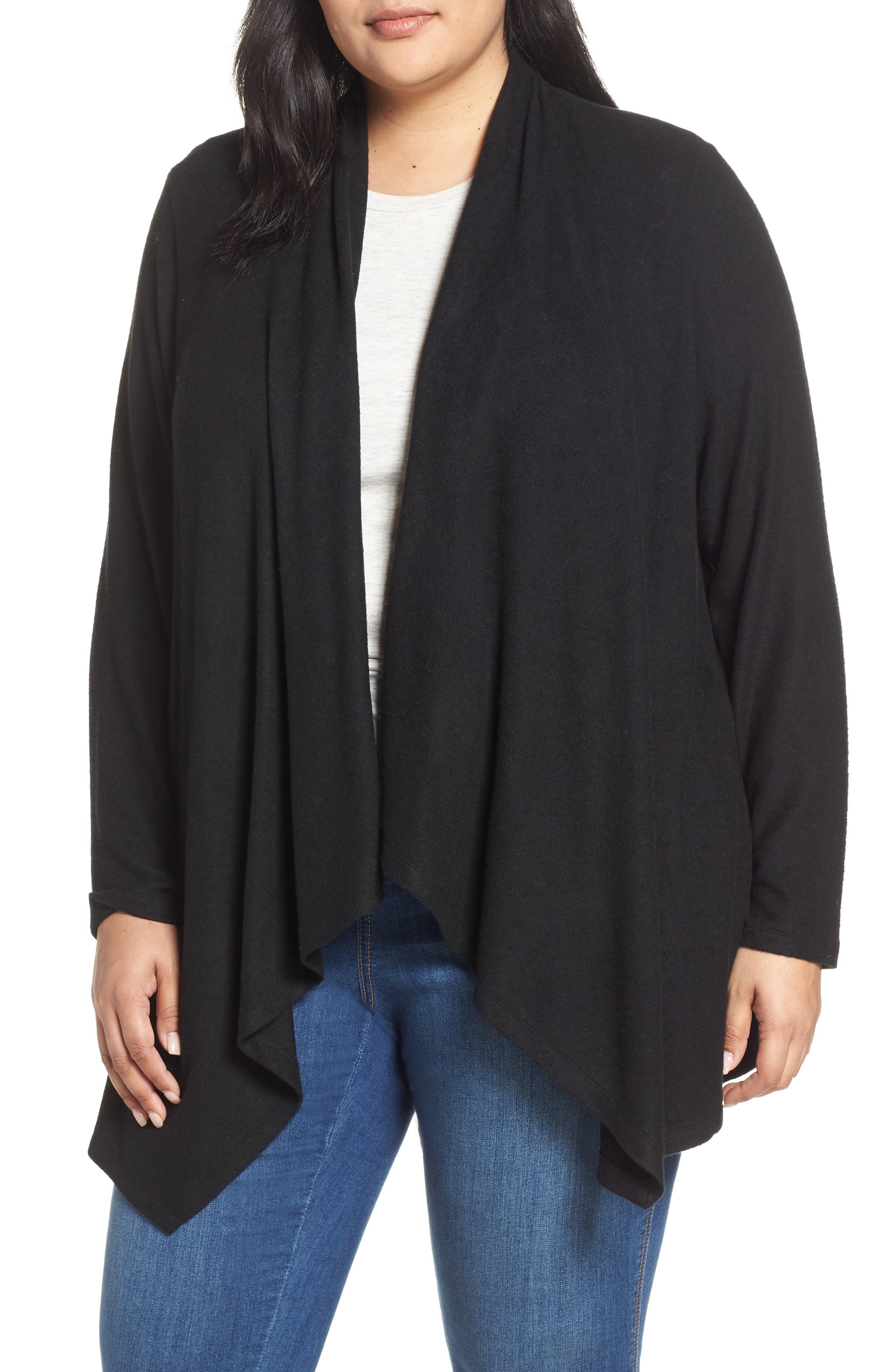 Plus Size Bobeau Amie Waterfall Cardigan, Black