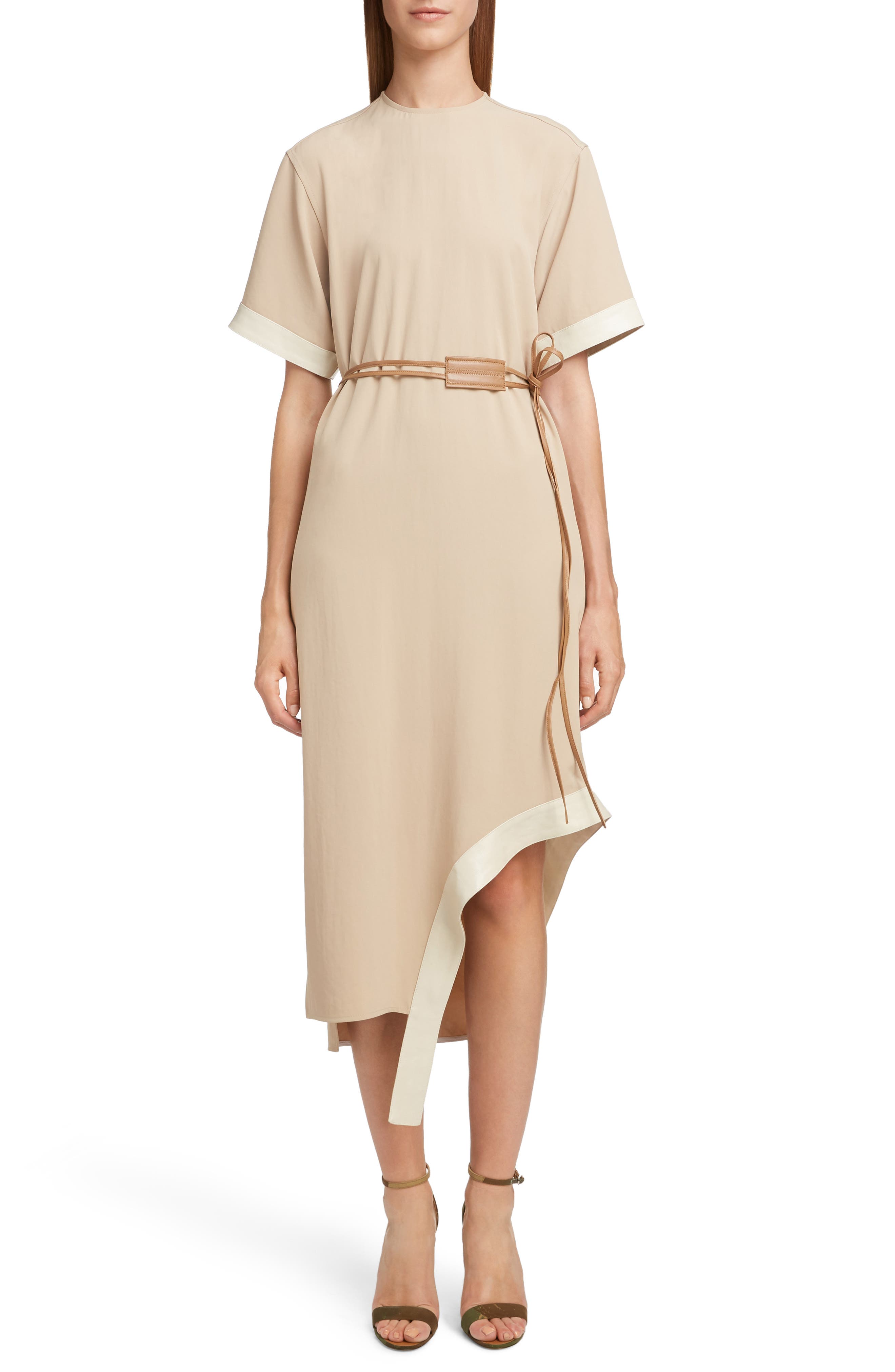 Victoria Beckham Leather Belt Asymmetrical Dress, US / 14 UK - Beige