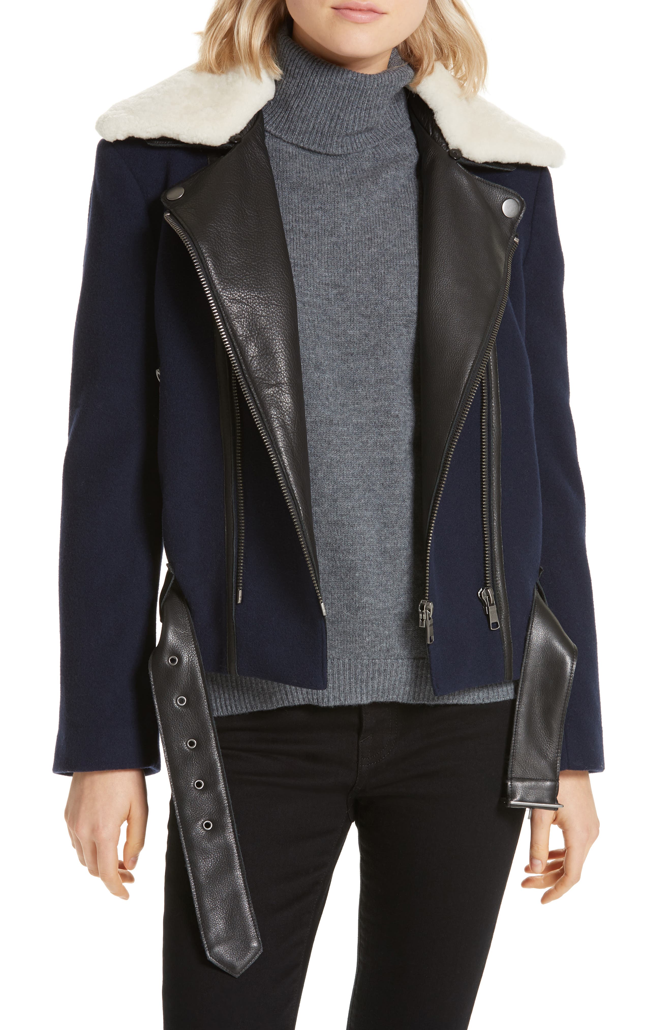 Joie Fayana Genuine Shearling & Leather Trim Moto Jacket, Blue