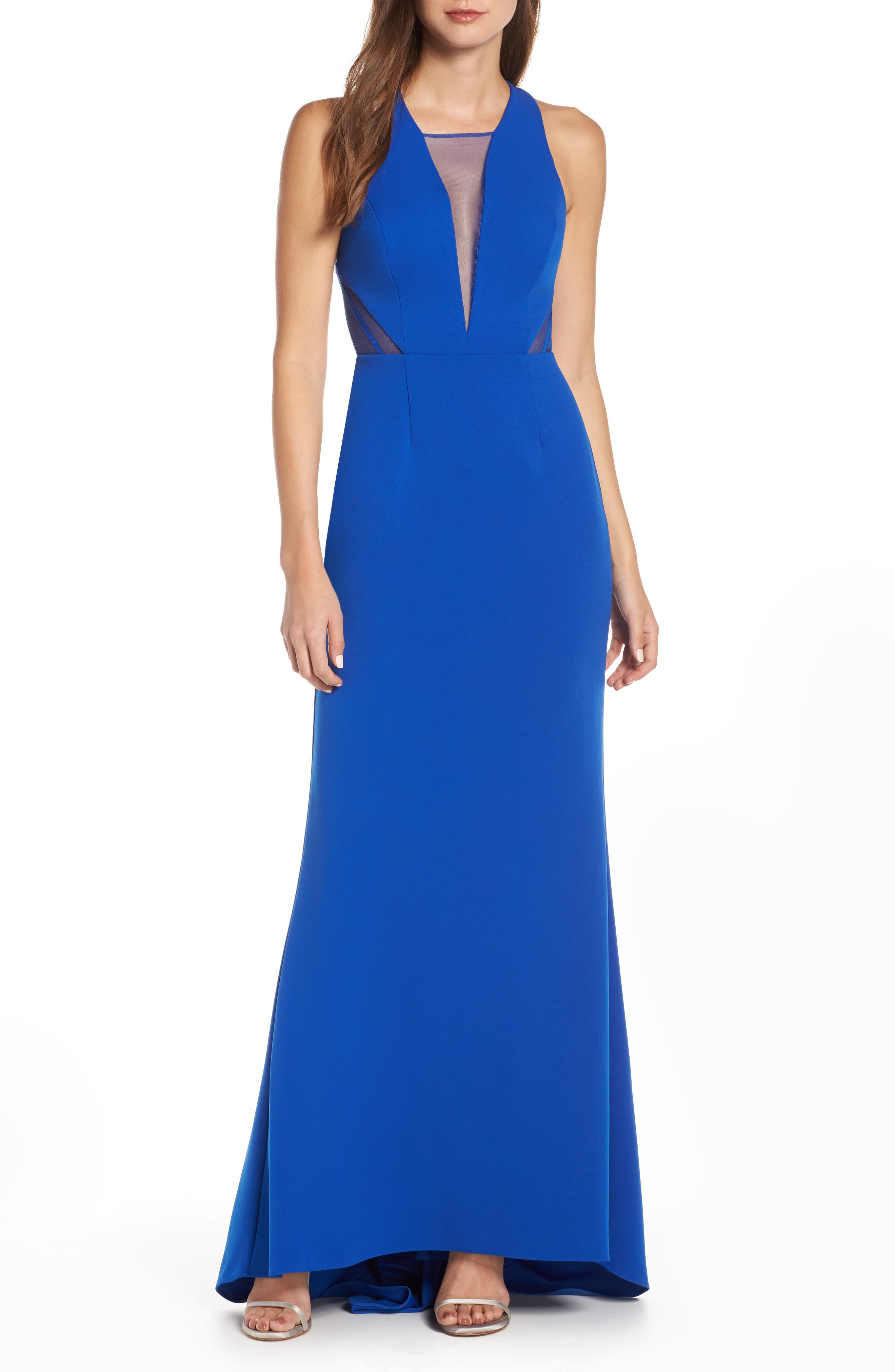 Adrianna Papell Lola Crossback Jersey Halter Gown, Blue