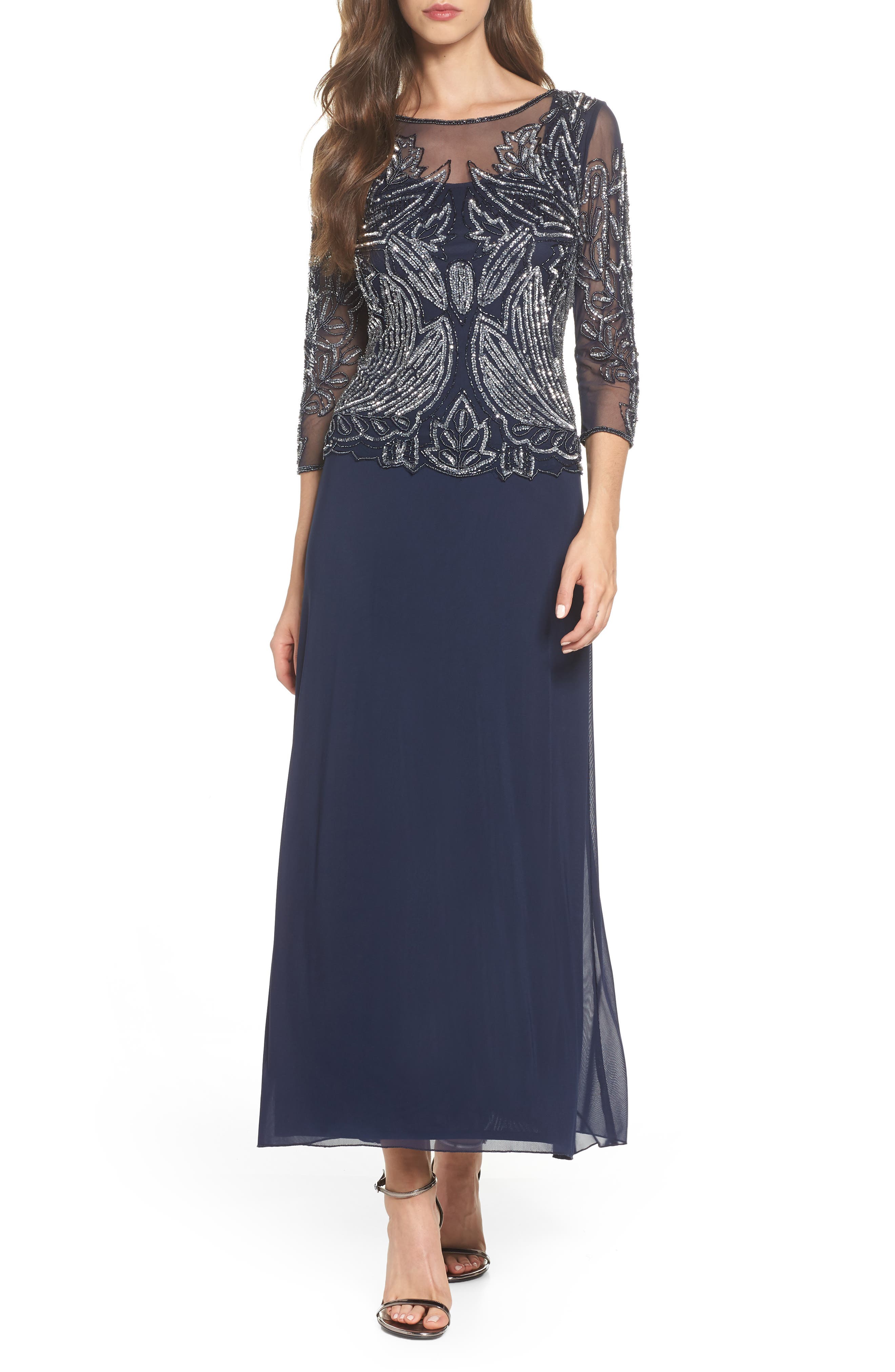 Pisarro Nights Embellished Mesh Gown, Blue