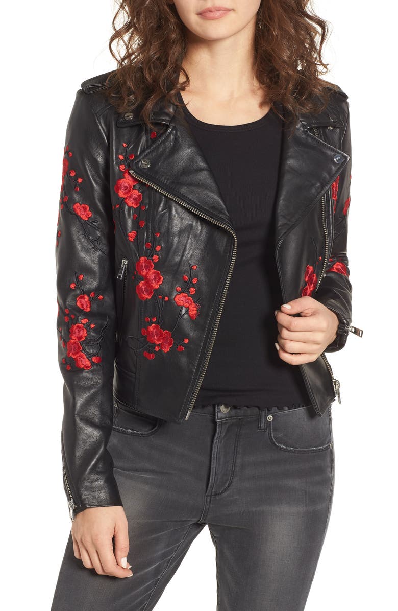 Lamarque Embroidered Leather Moto Jacket In Black With Red Lamarque Embroidered Leather Moto Jacket In Black With Red Embroidery