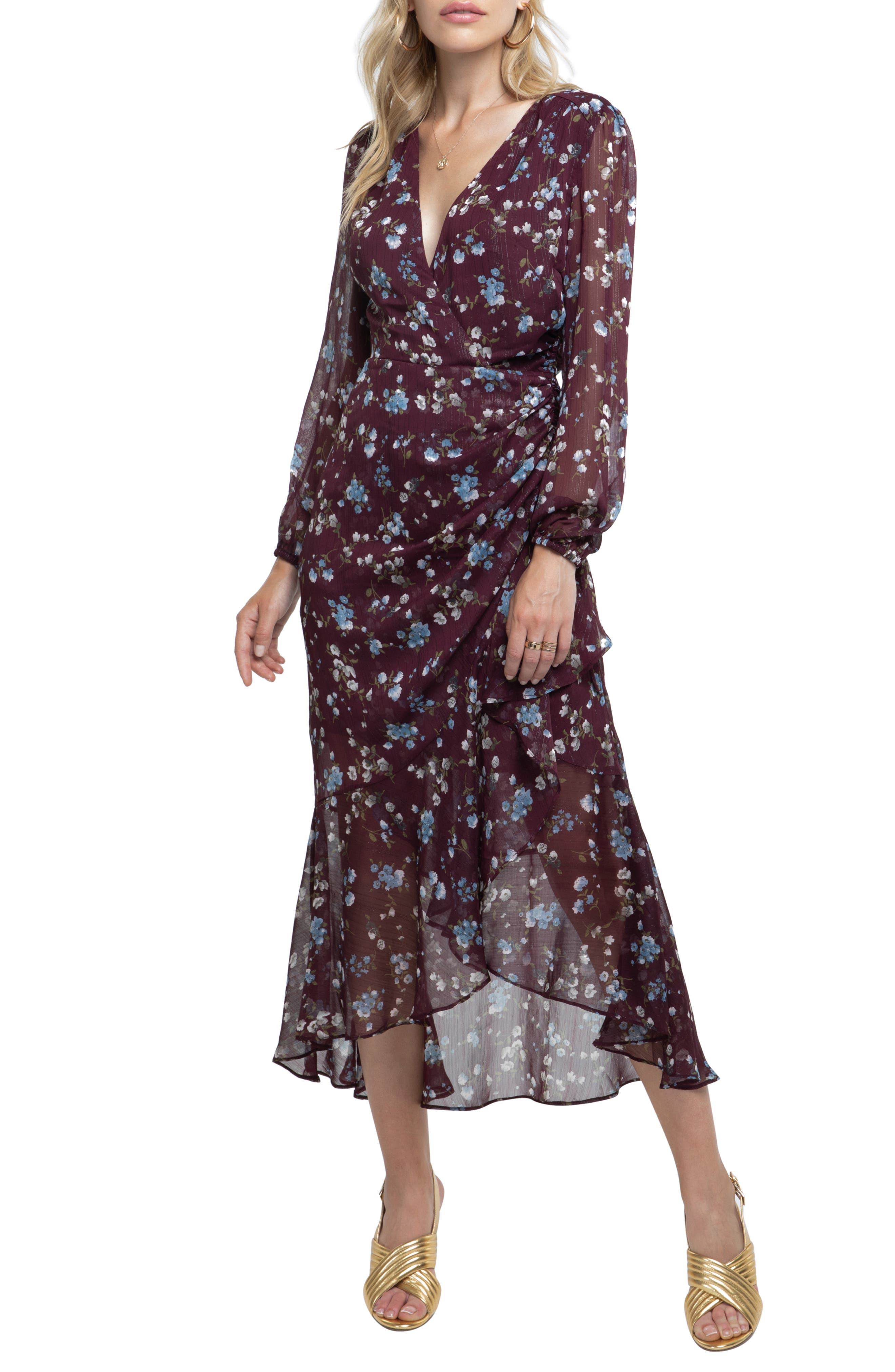Astr The Label Side Cinched Ruffle Hem Dress, Burgundy