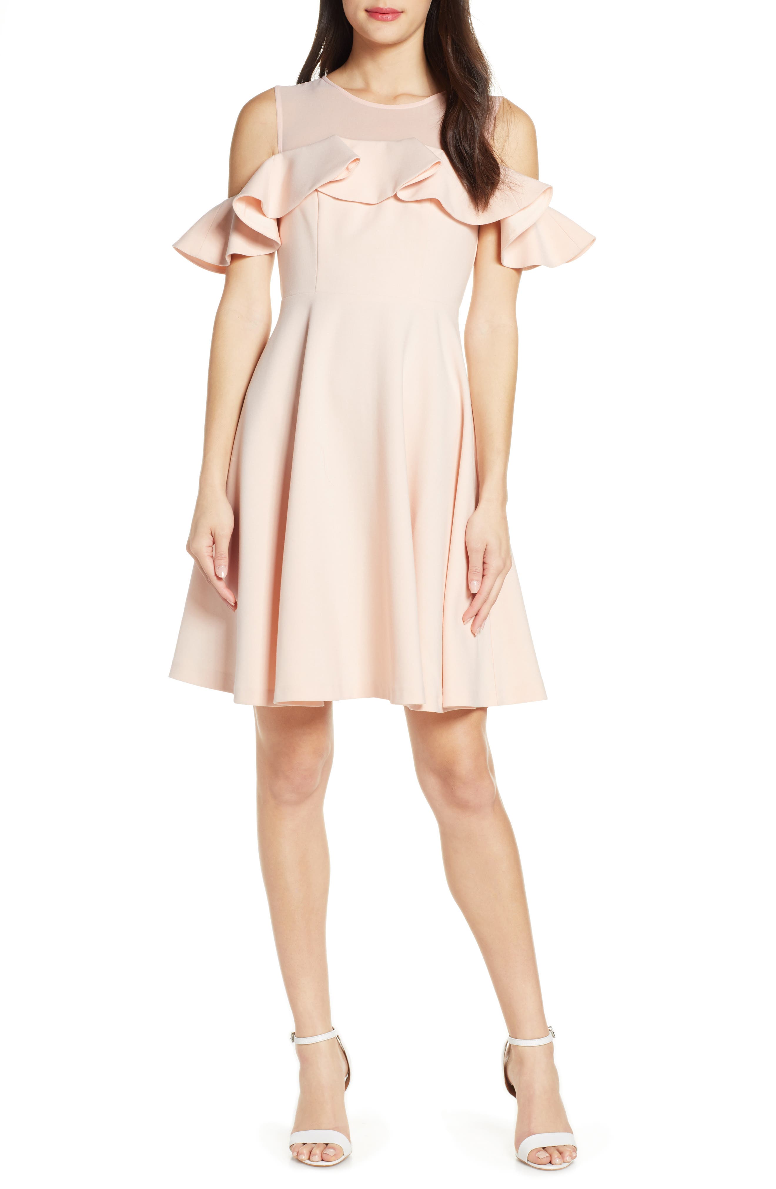 French Connection Alissa Cold Shoulder Fit & Flare Dress, Pink