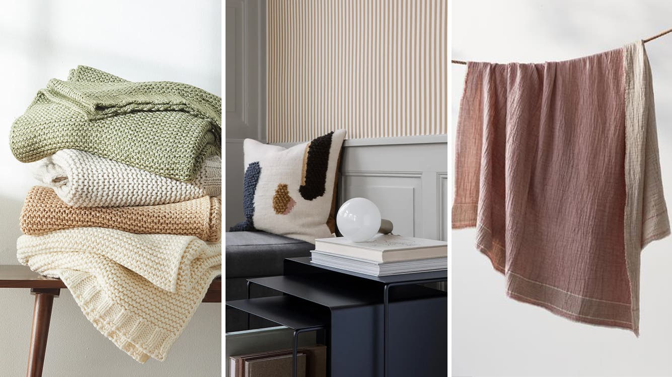Knit blankets; a patterned cushion; a textured throw.