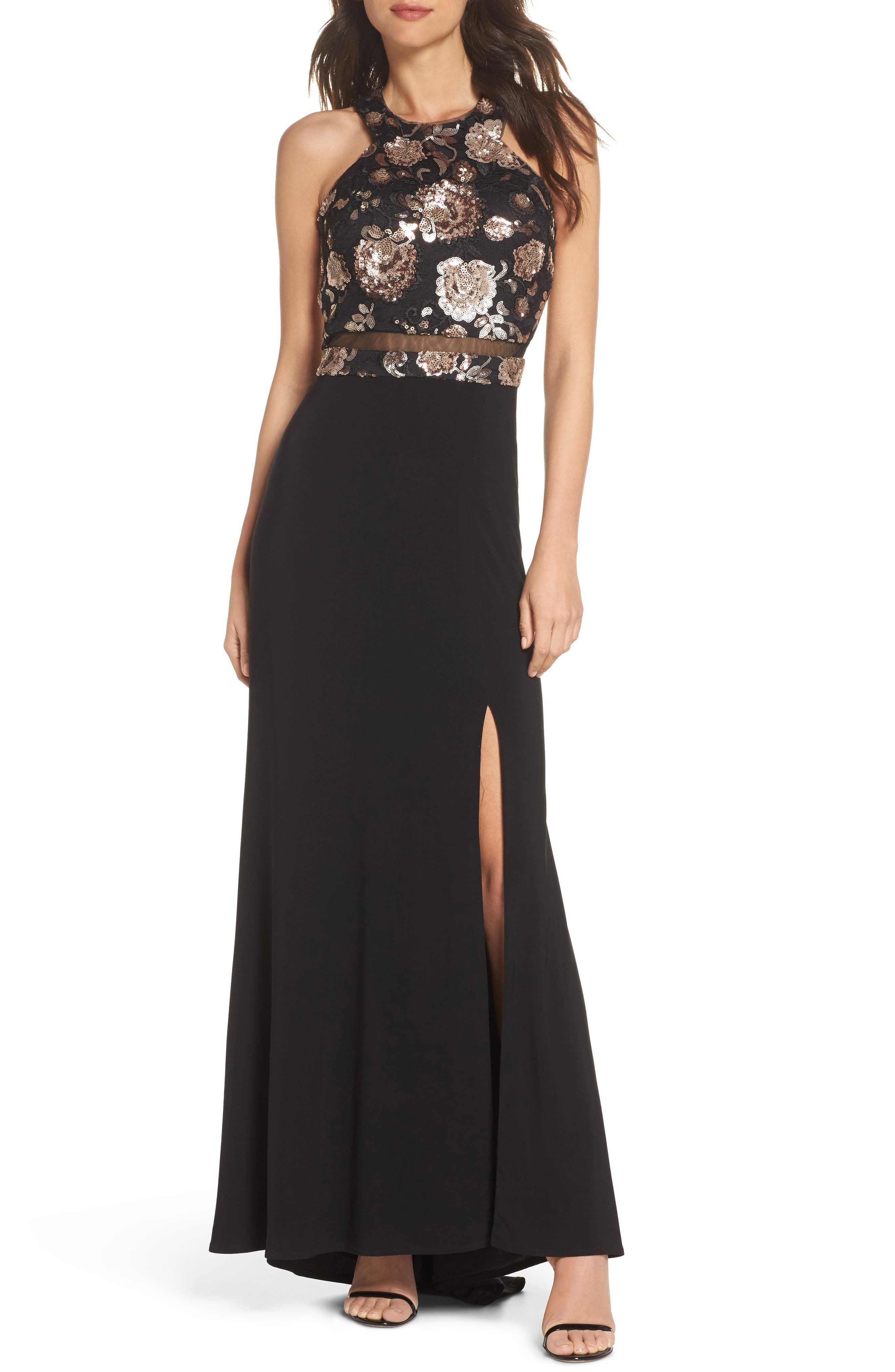 Morgan & Co. Sequin Mesh Panel Gown, /12 - Black