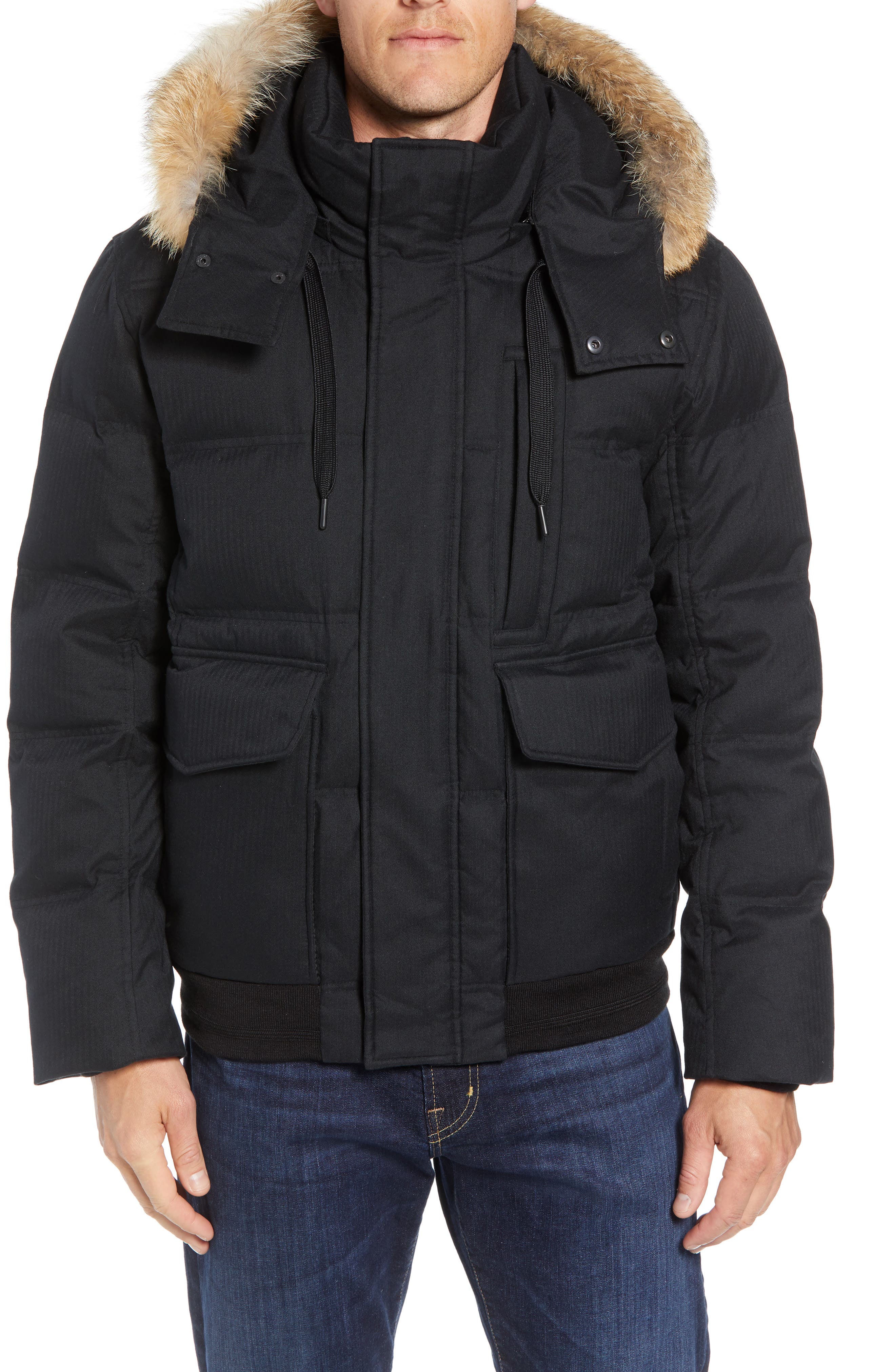 Marc New York Bohlen Down & Feather Bomber Jacket With Removable Genuine Coyote Fur Trim Hood, Black