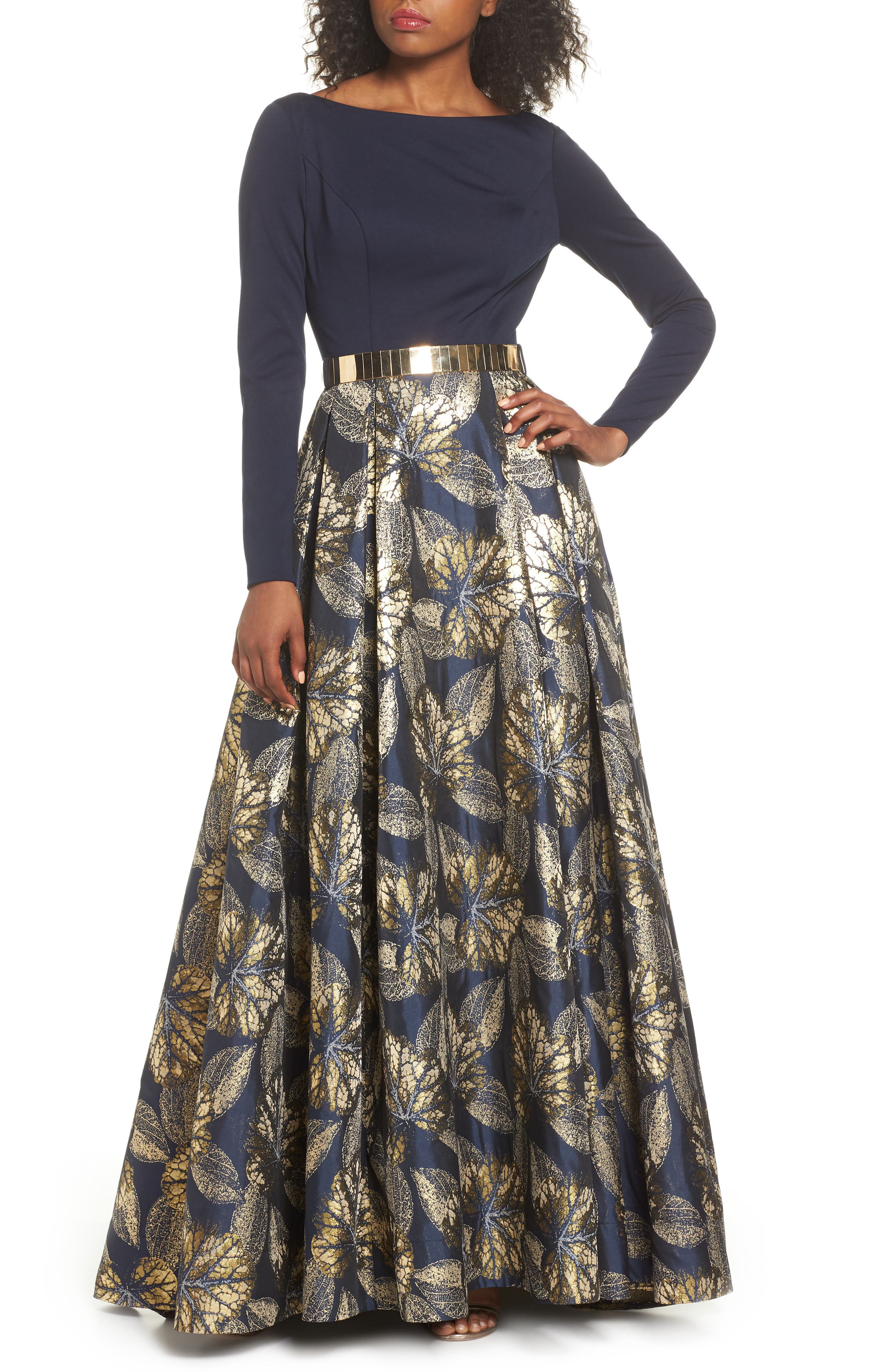 MAC Duggal Metallic Waist Print Skirt Gown, Blue