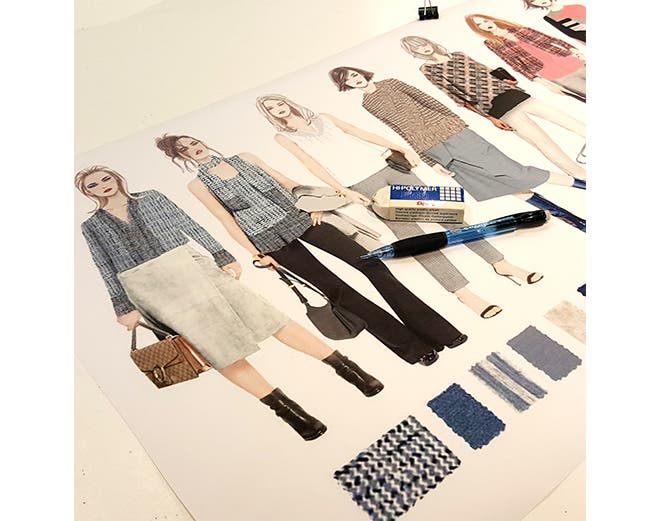 Sketches and swatches of NIC+ZOE clothing designs.
