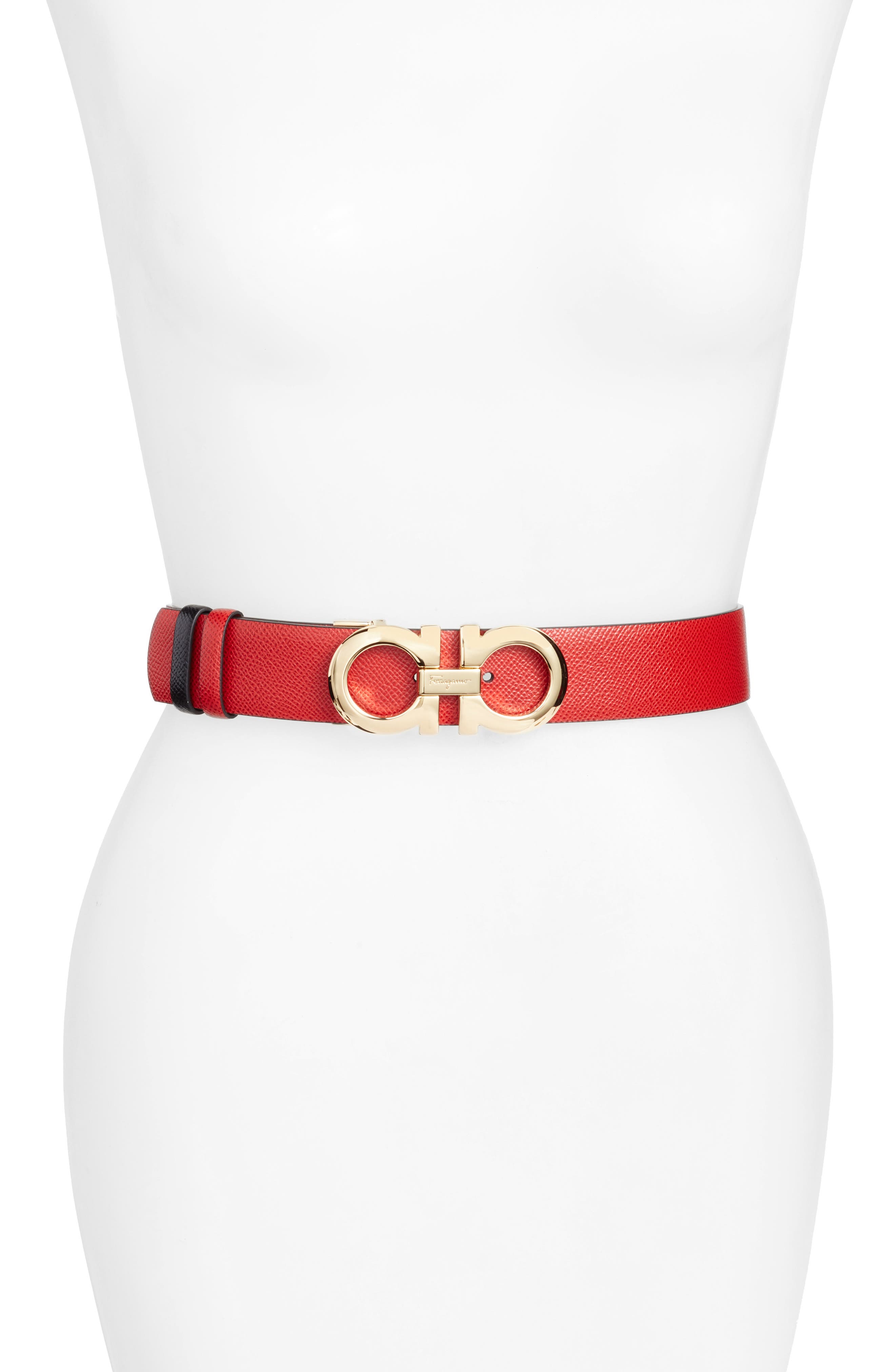 Salvatore Ferragamo Reversible Gancini Calfskin Leather Belt, Lipstick/ Nero