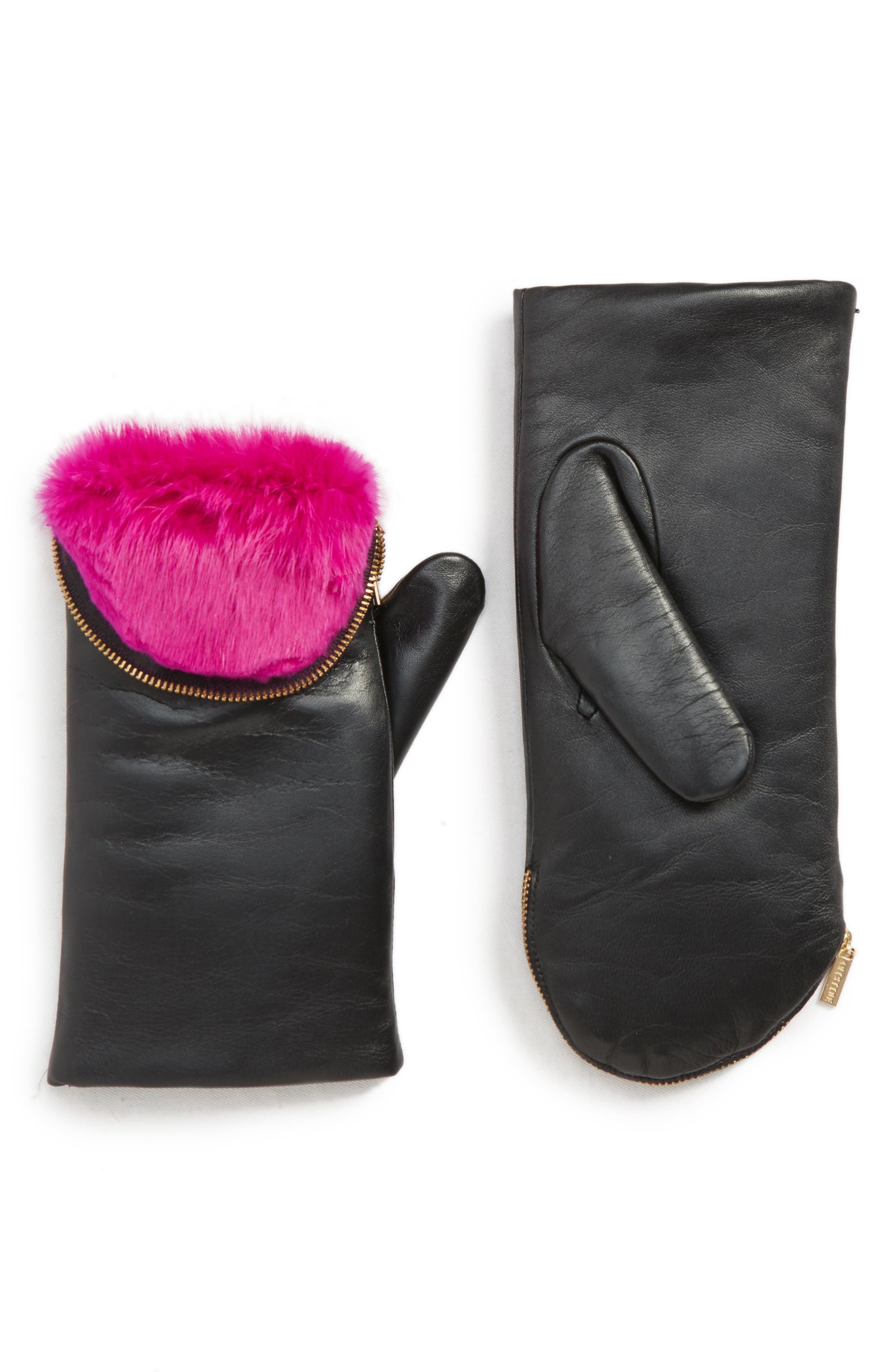 Aristide Genuine Rabbit Fur Lined Lambskin Leather Zip Mittens, Pink