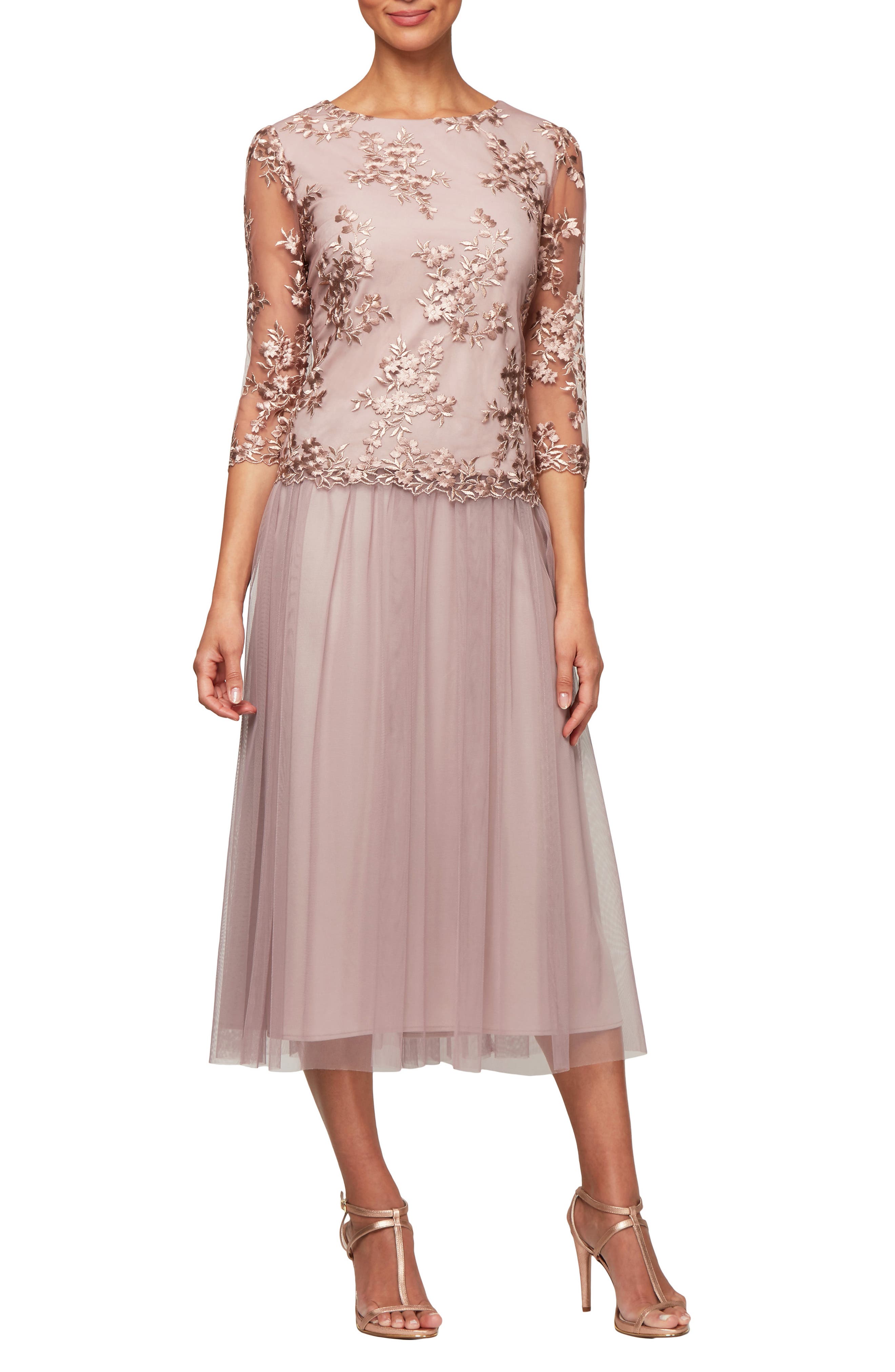 Alex Evenings Embroidered Tea Length Cocktail Dress, Pink