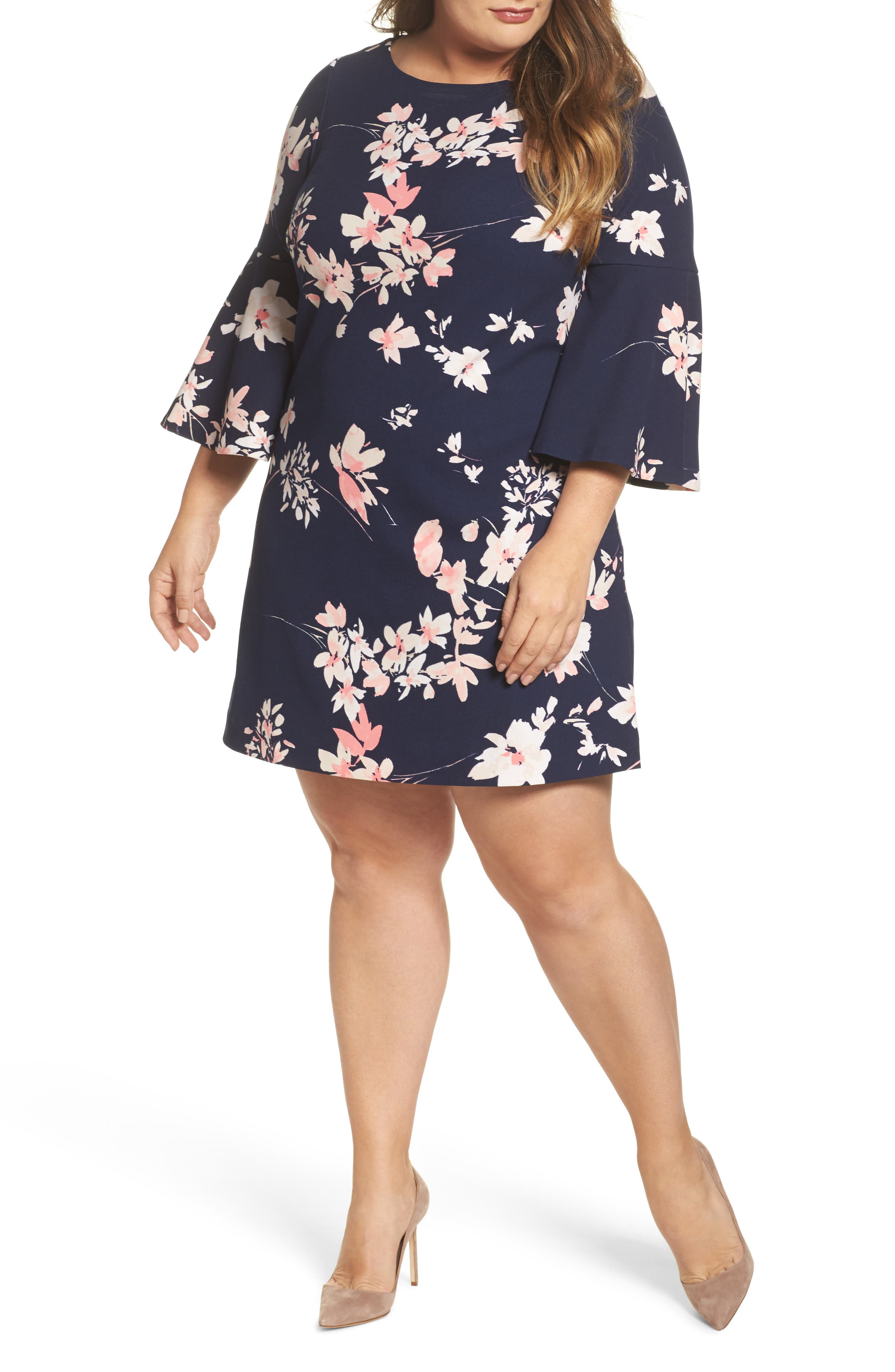 Plus Size Eliza J Floral Print Bell Sleeve Shift Dress, Blue