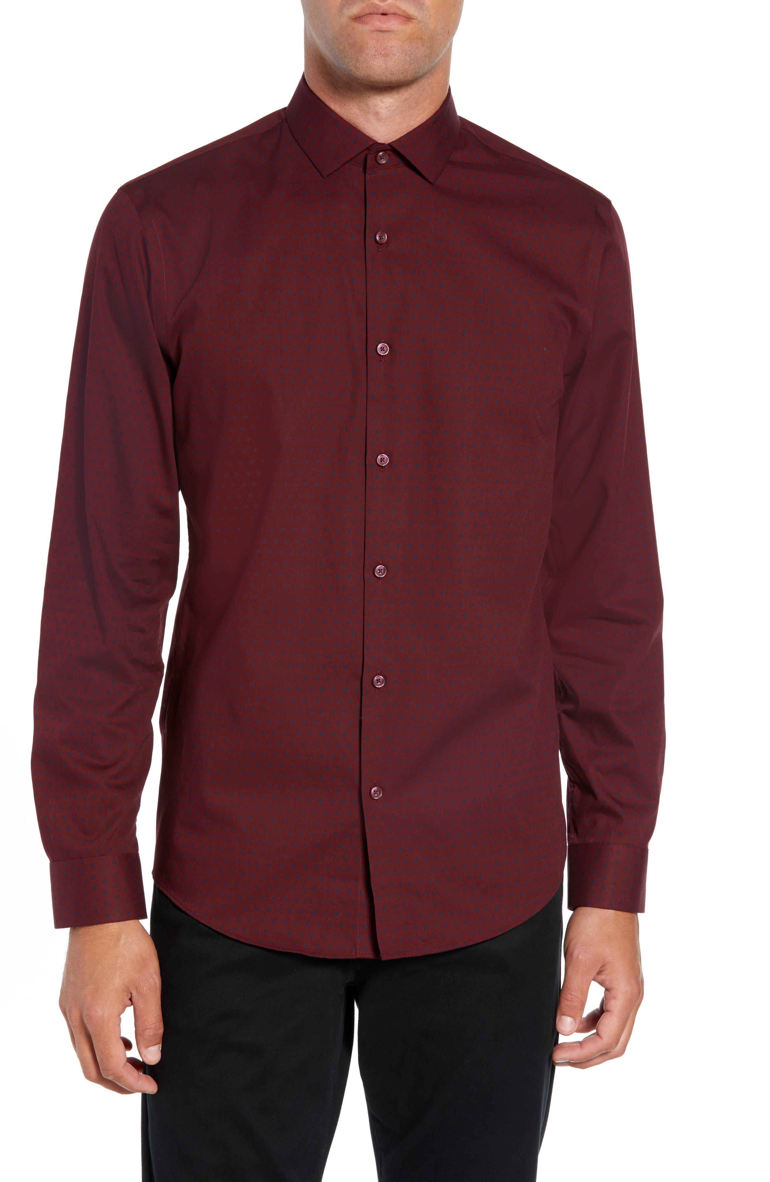 Calibrate Slim Fit Non Iron Polka Dot Sport Shirt, Burgundy
