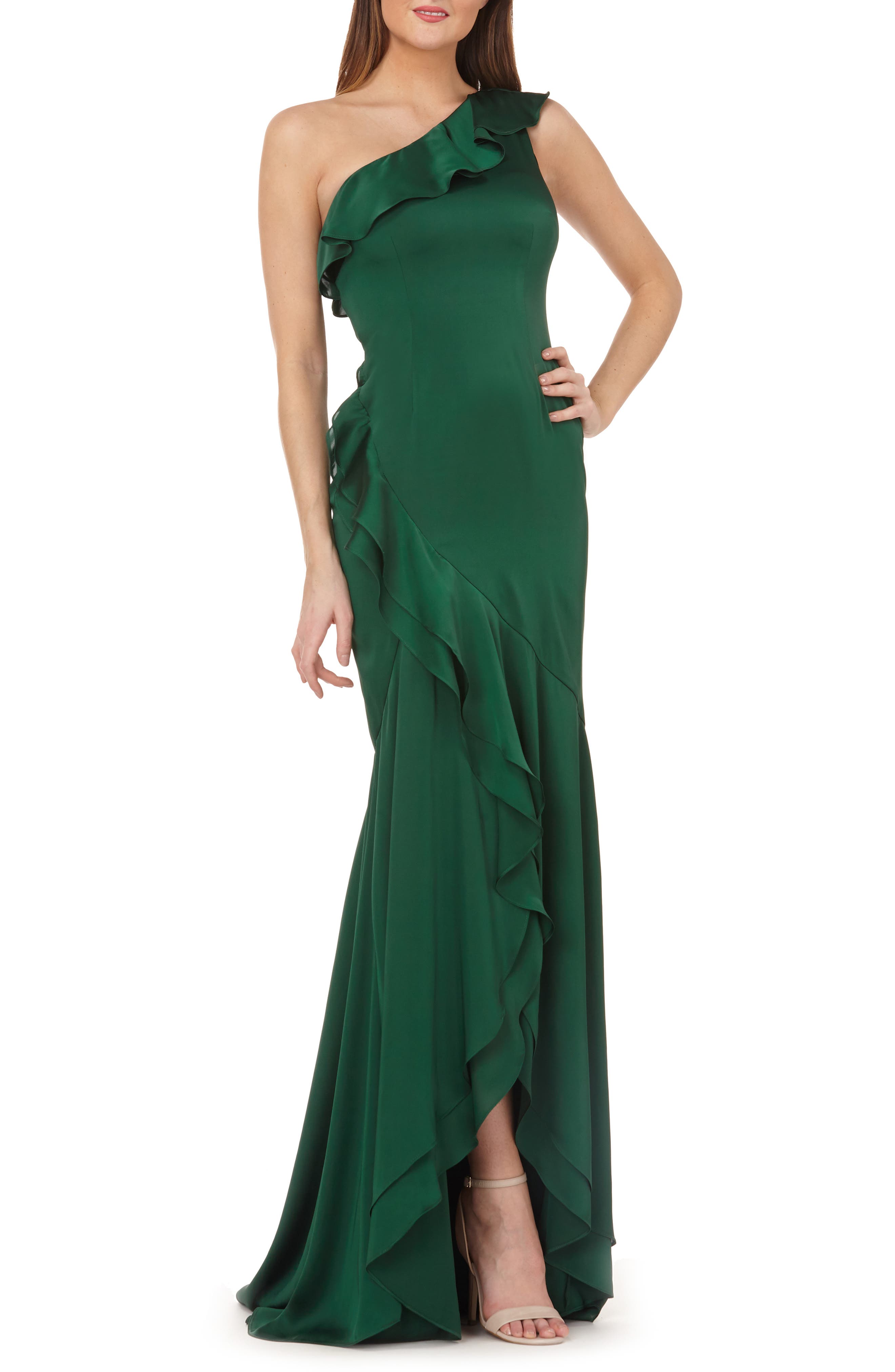 Carmen Marc Valvo Infusion One-Shoulder Satin Evening Dress