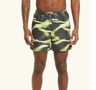 Swim trunks in an abstract print.