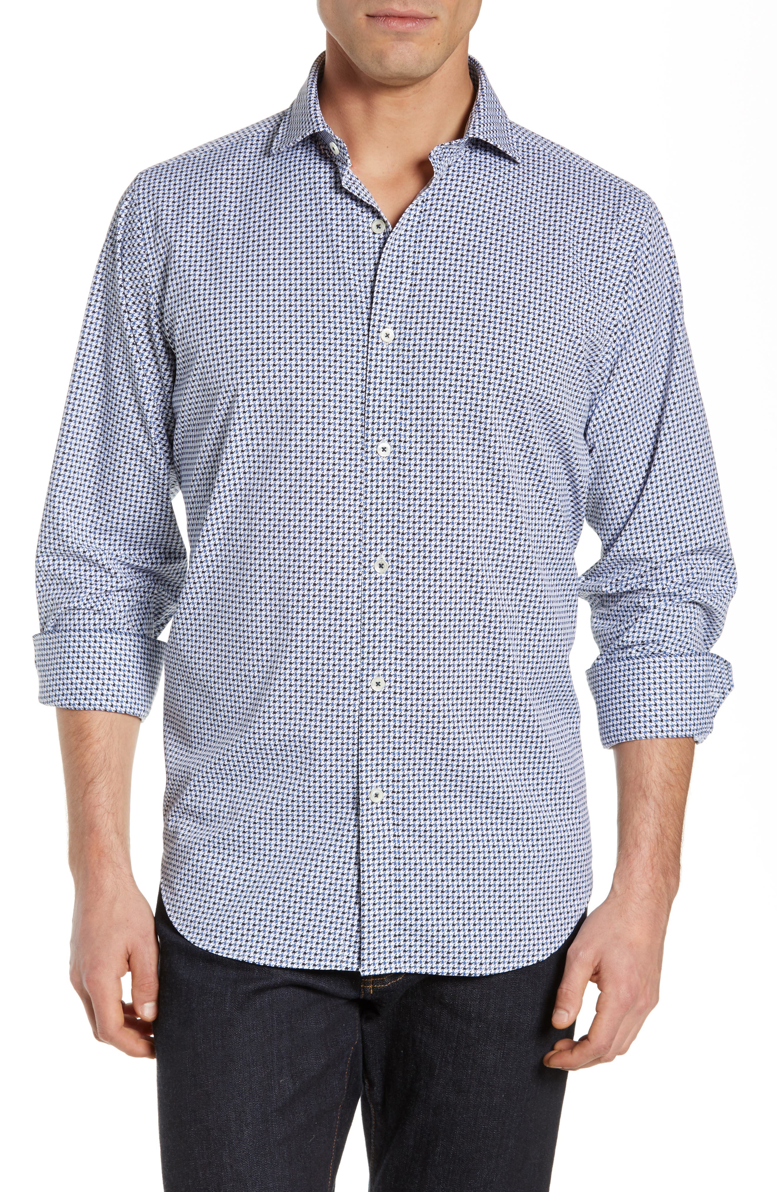 Bugatchi Classic Fit Print Performance Sport Shirt, Blue