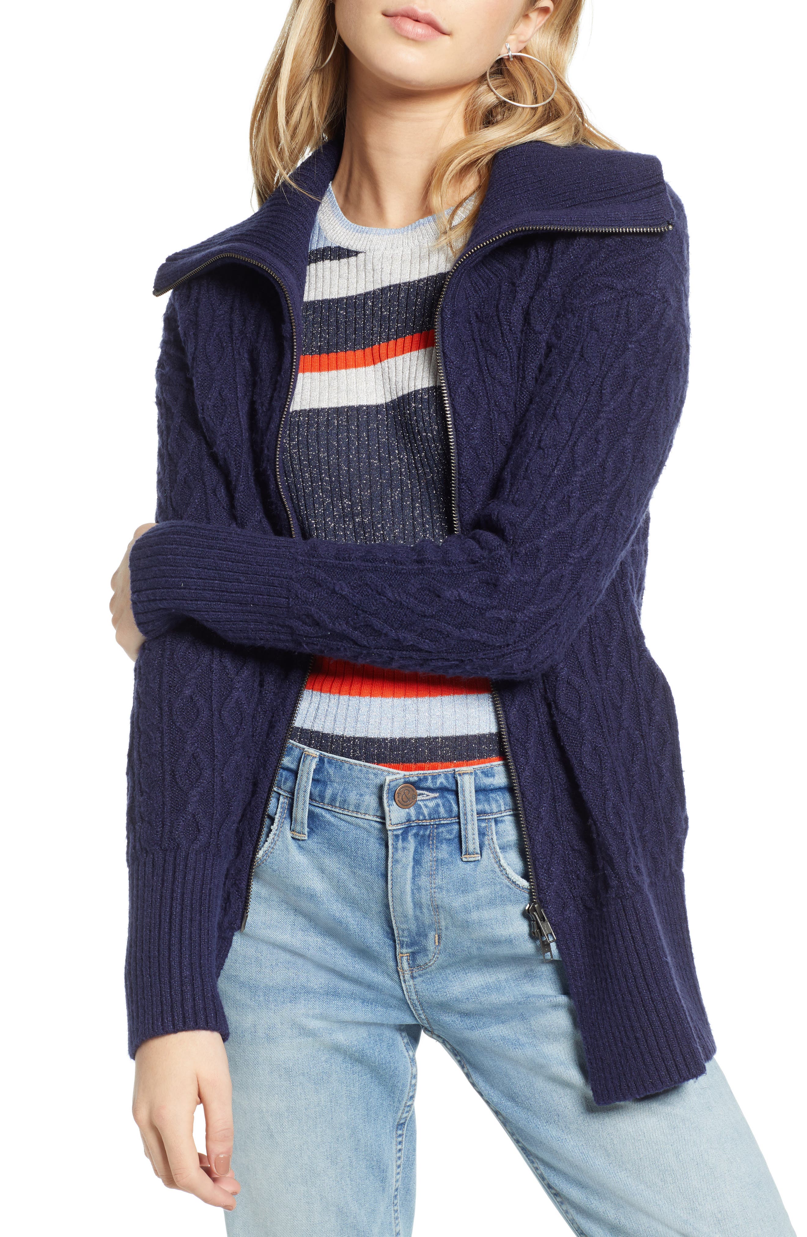 Treasure & Bond Cable Knit Zip Cardigan, Blue