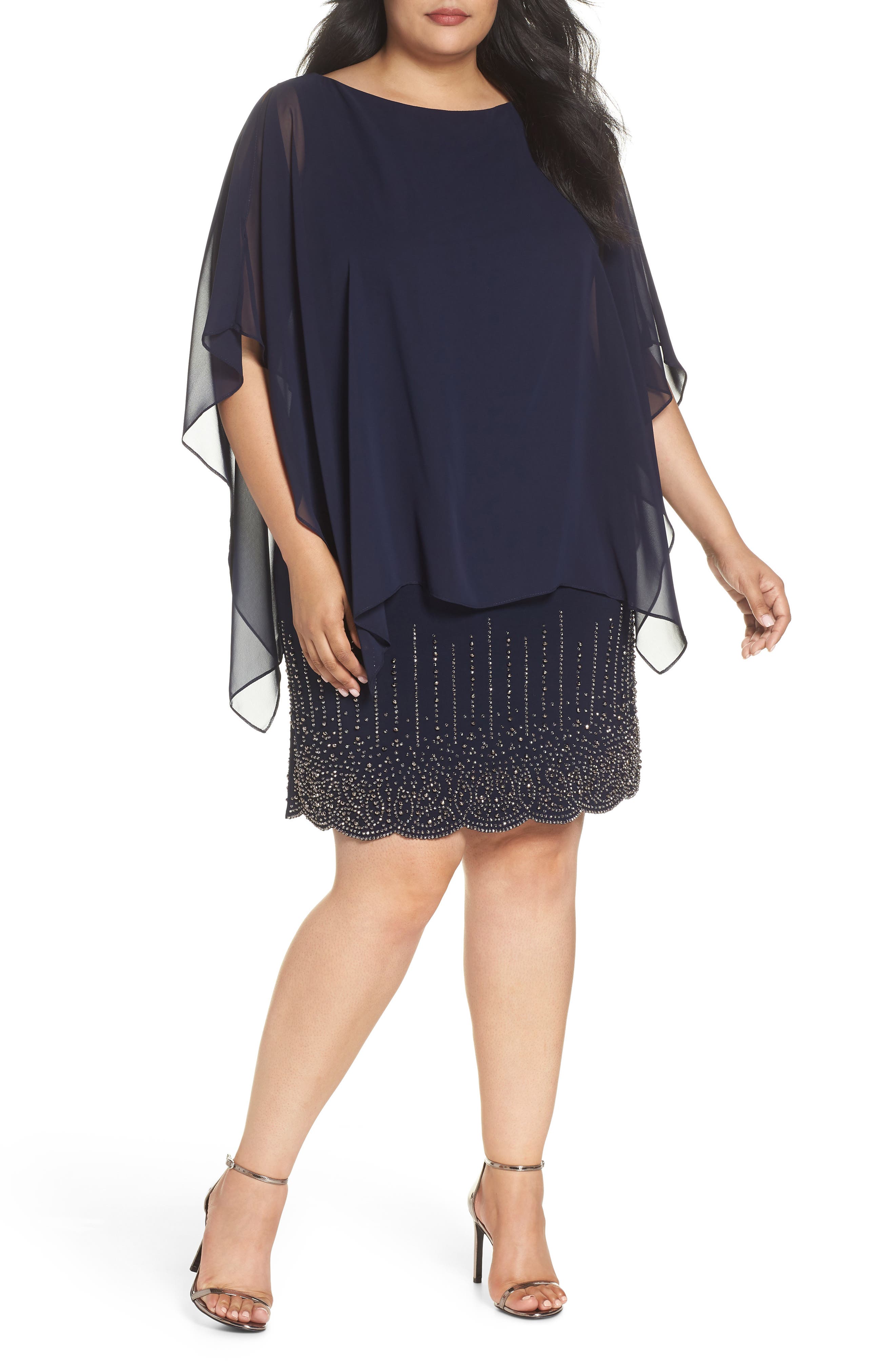 Plus Size Xscape Beaded Bottom Chiffon Minidress, Blue