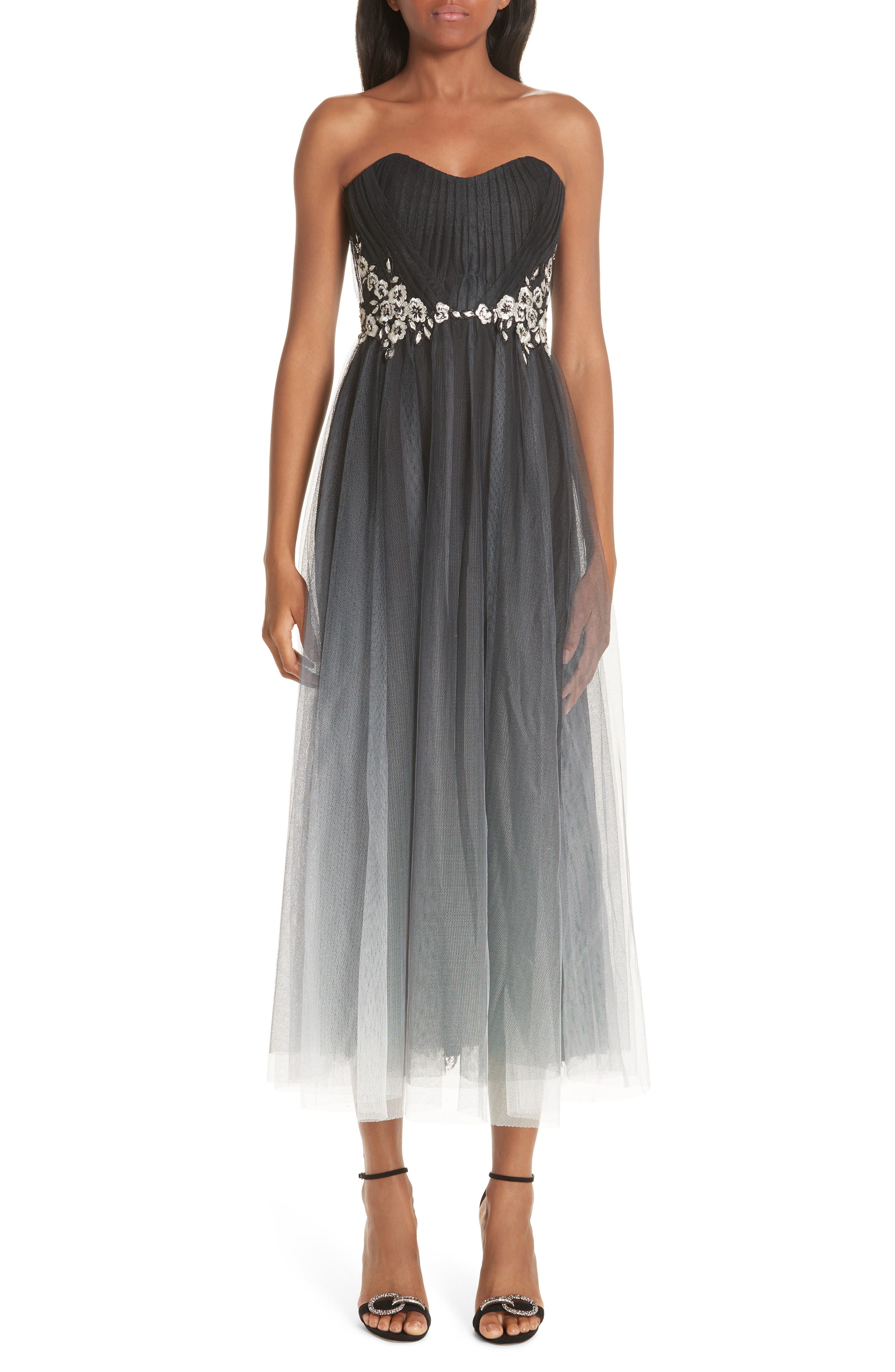 Marchesa Notte Strapless Ombre Tulle Tea Length Dress