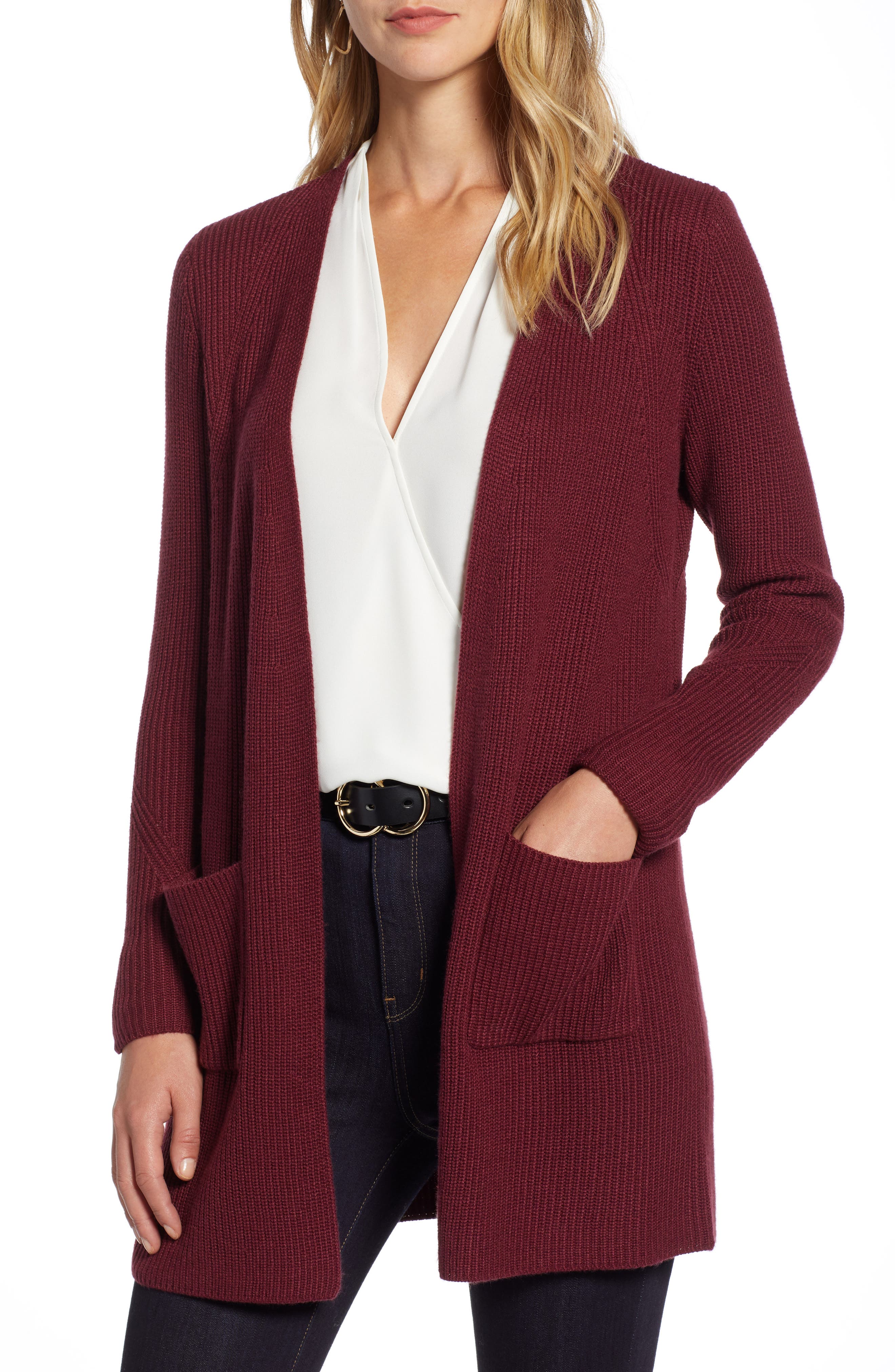 Halogen Long Ribbed Cardigan, Burgundy