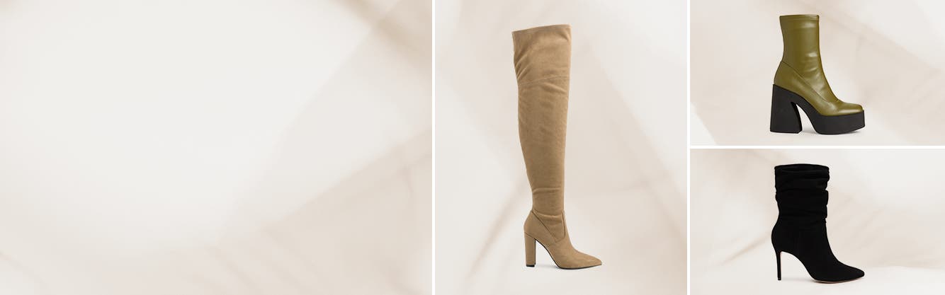 Tan over-the-knee boot, olive green platform boot and scrunched black stiletto boot.