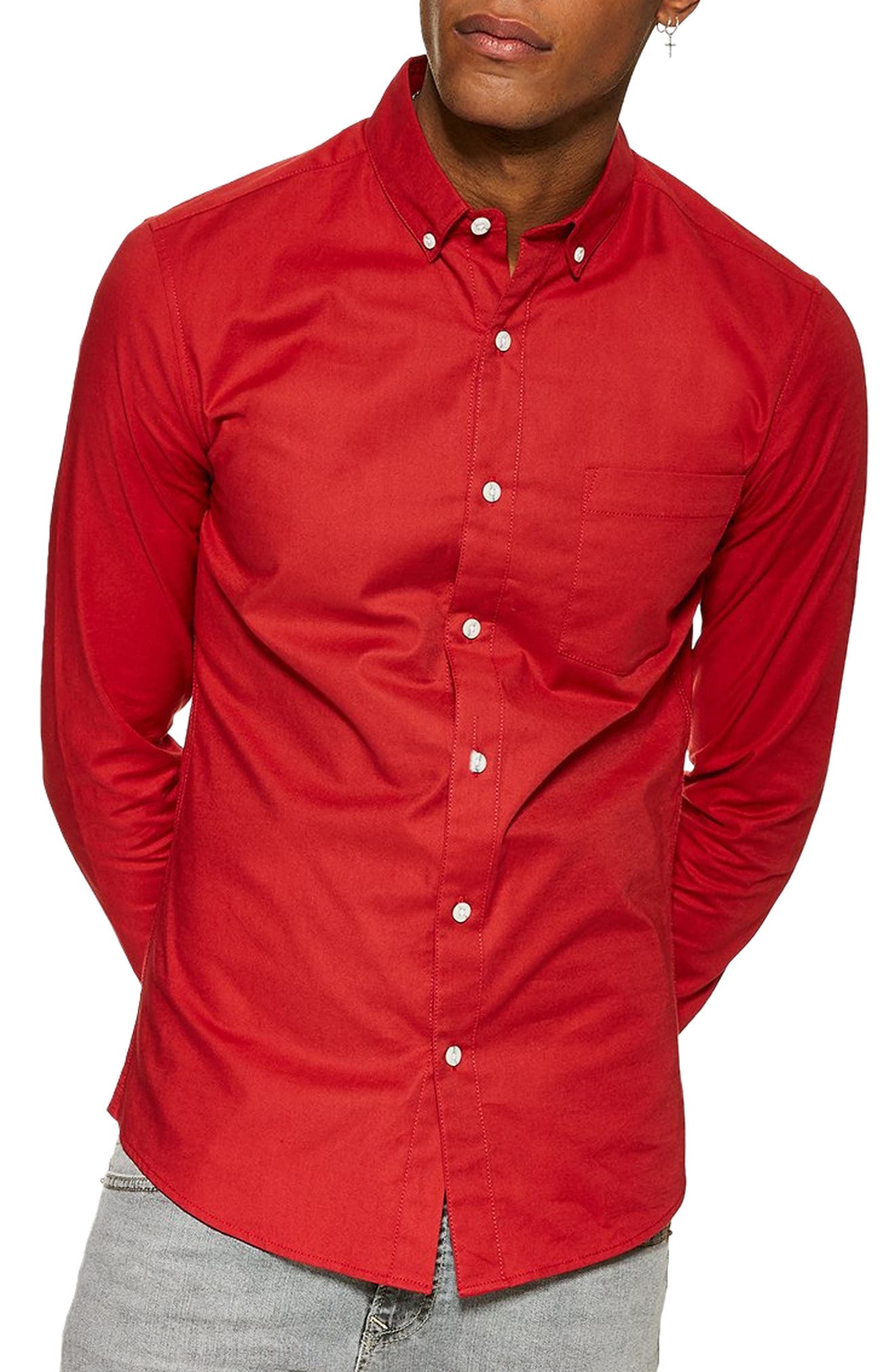 Topman Stretch Solid Sport Shirt, Red