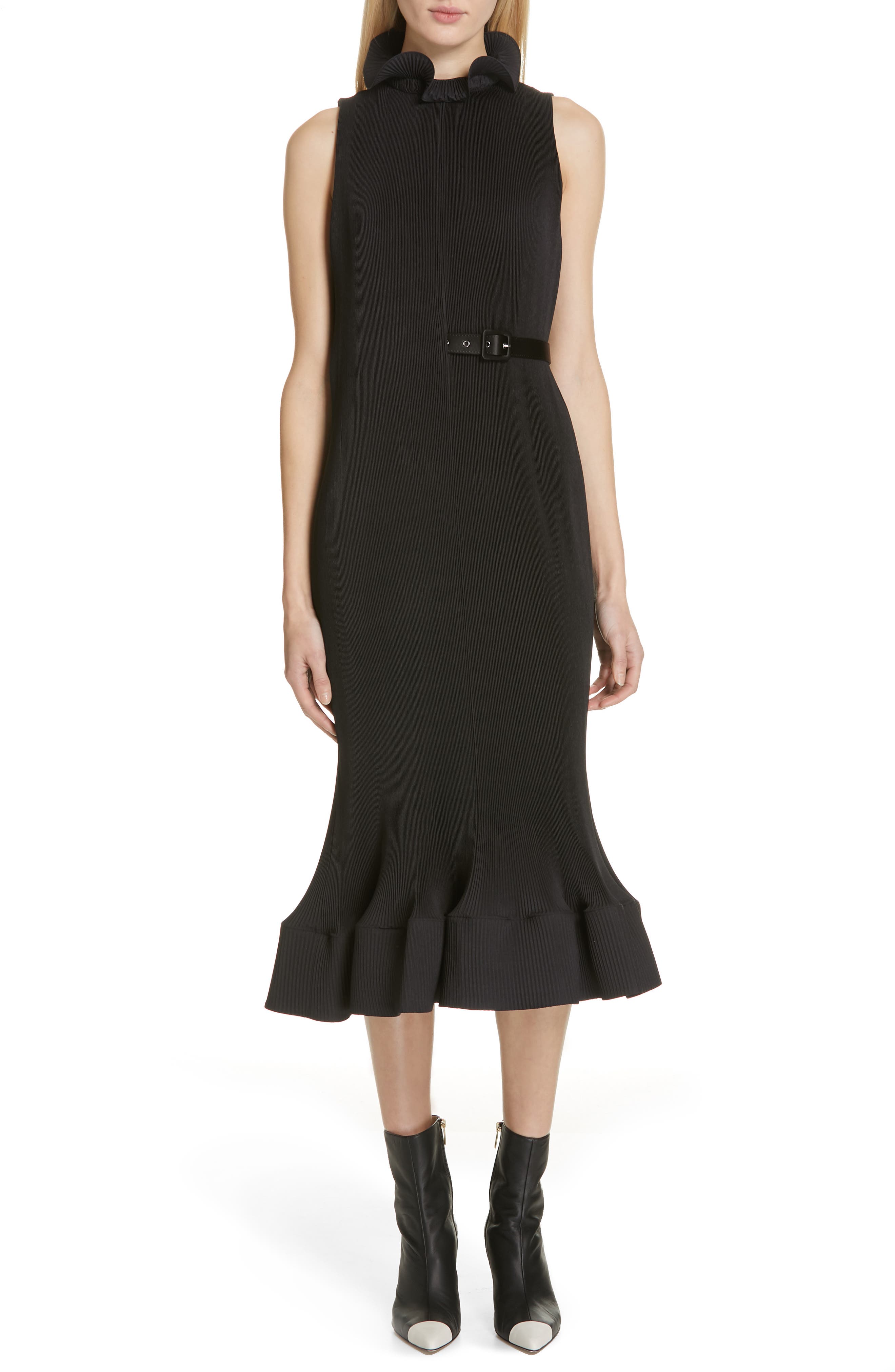 Tibi Plisse Ruffle Hem Sheath Dress, Black