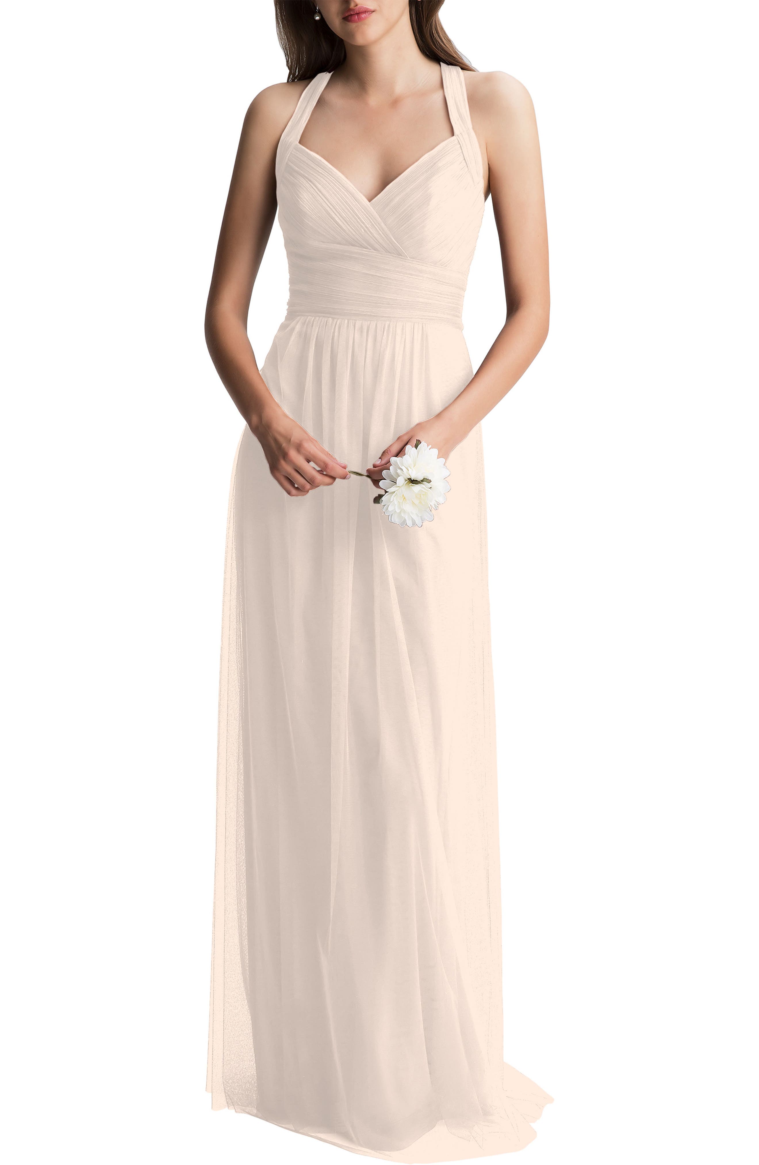 #levkoff Crisscross Strap English Net A-Line Gown, Pink