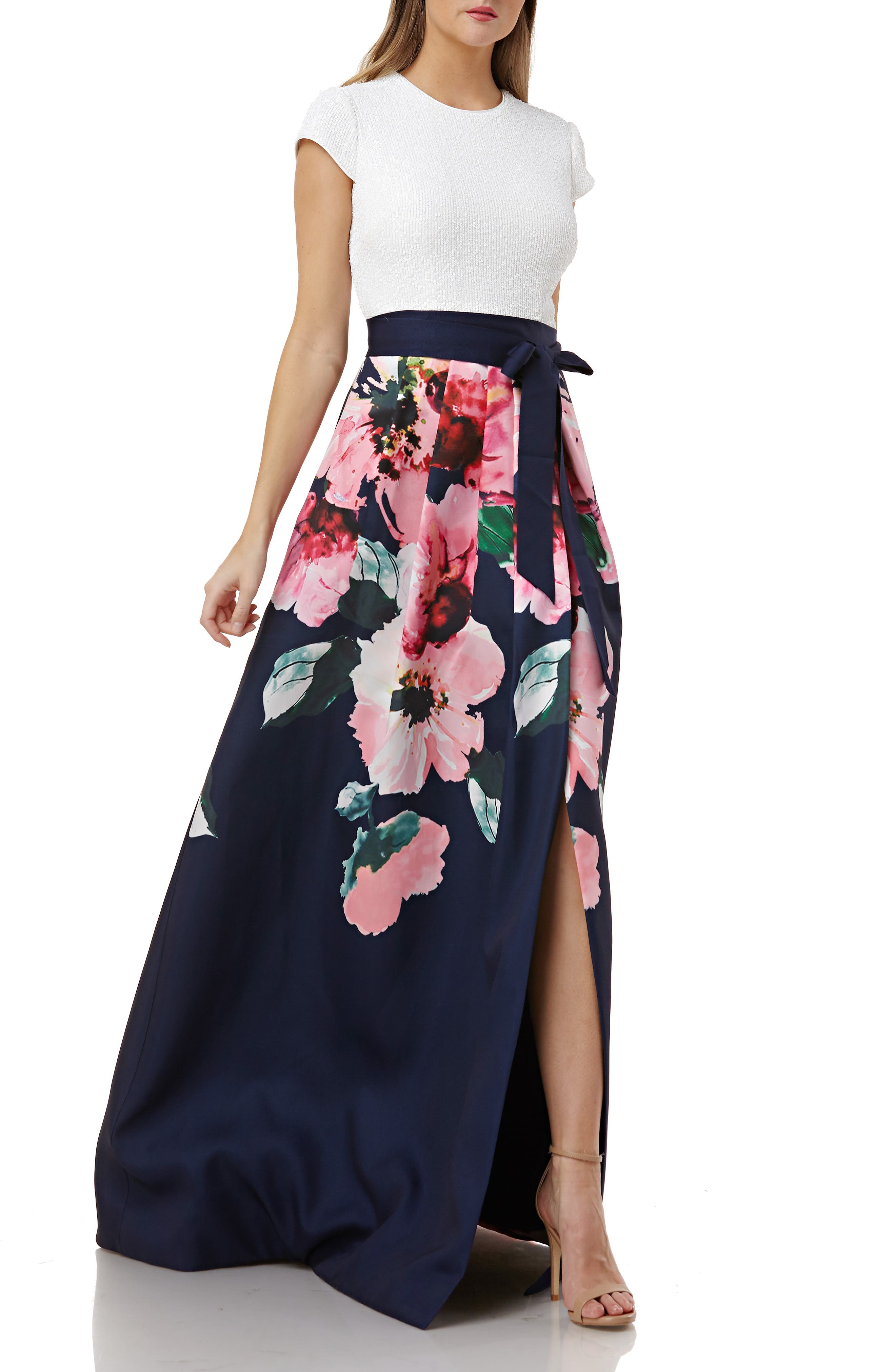 Carmen Marc Valvo Infusion Sequin Bodice Floral Skirt Evening Dress, Blue