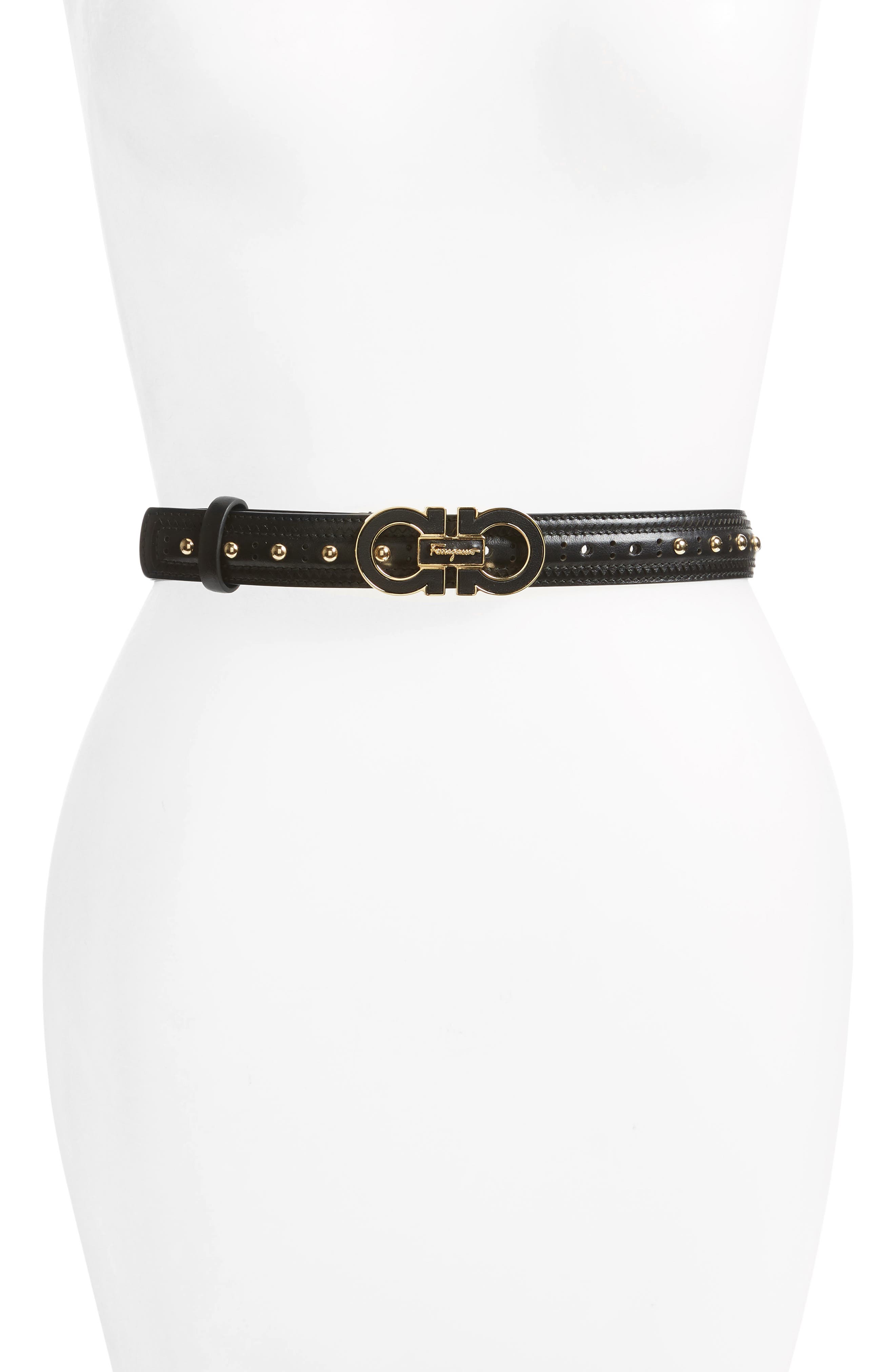 Salvatore Ferragamo Groove Leather Belt With Double Gancini Buckle, Nero