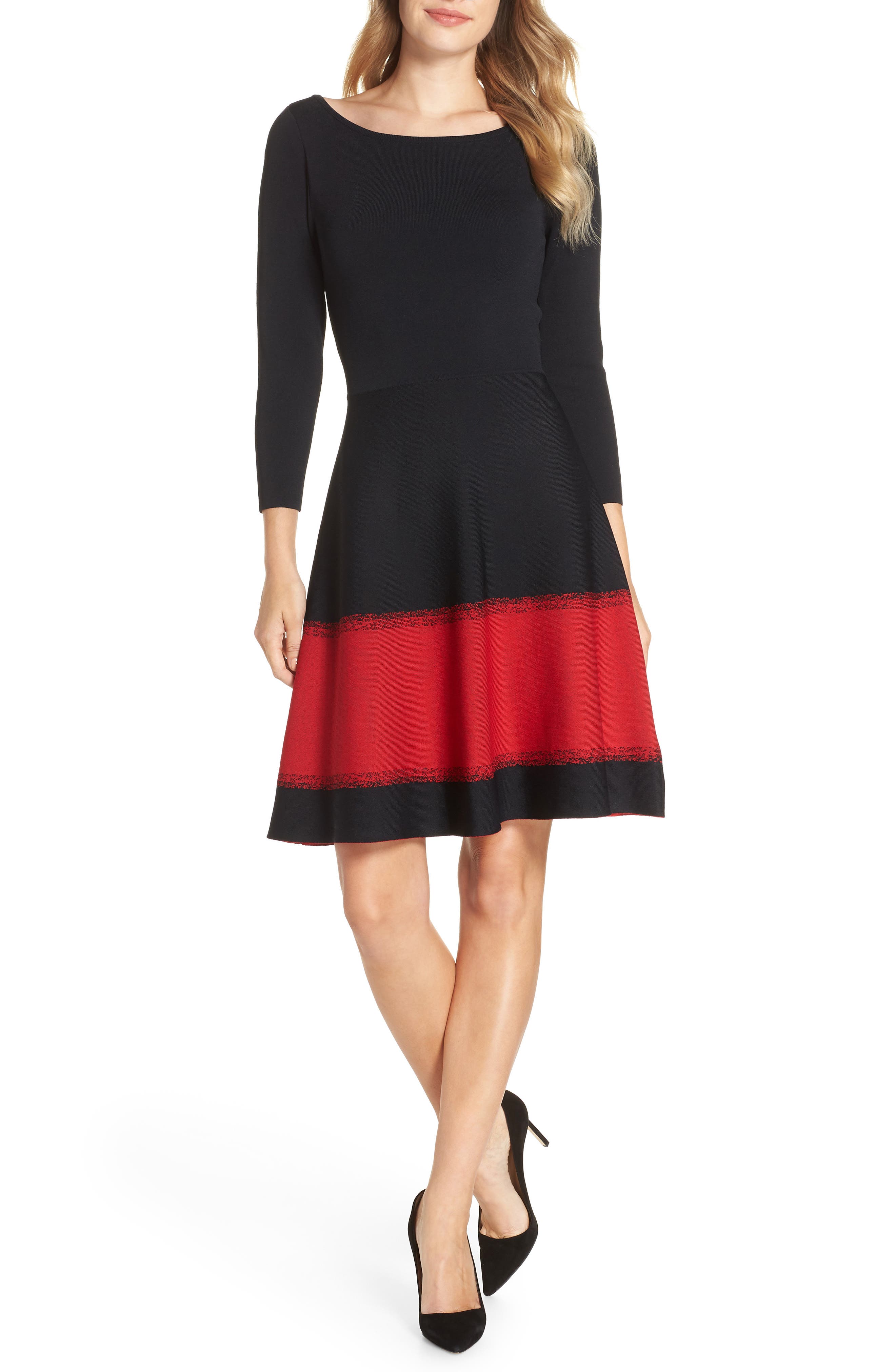 Petite Eliza J Contrast Stripe Fit & Flare Dress, Black