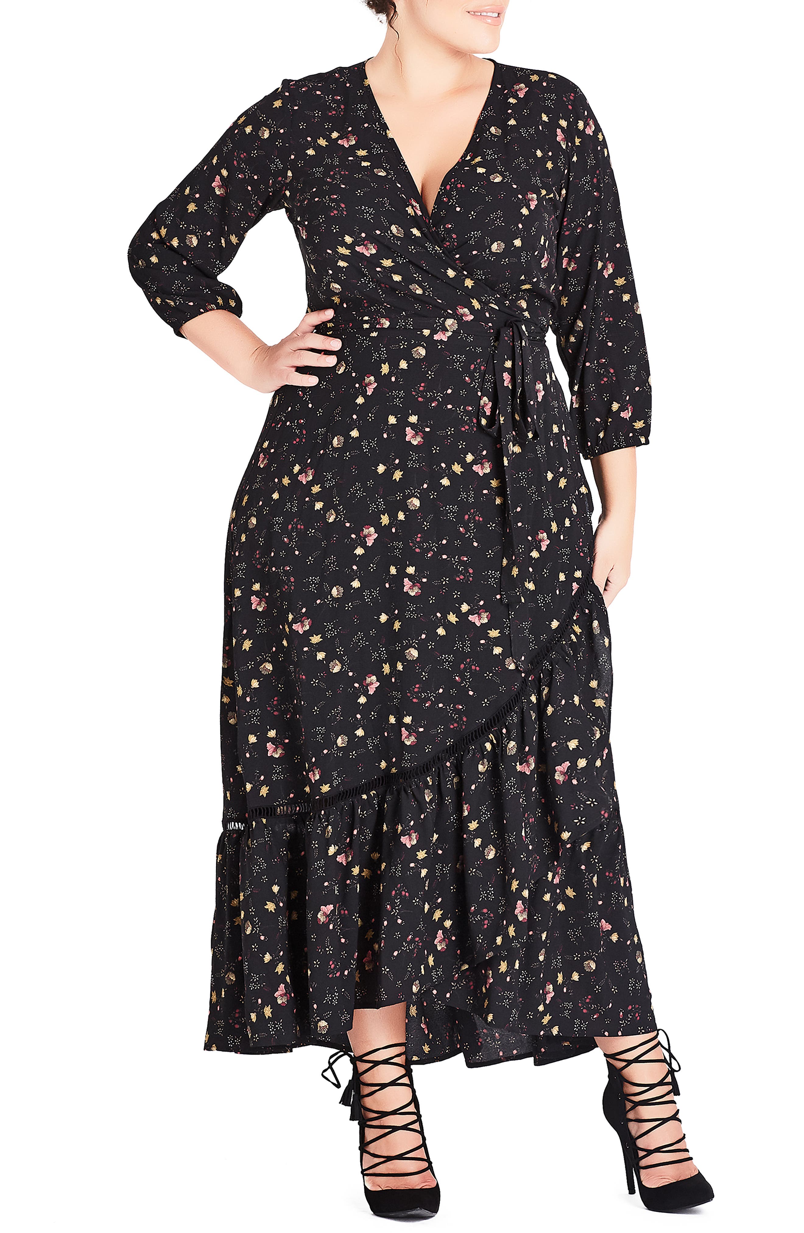 Plus Size City Chic Dreamy Ditsy Maxi Dress, Black