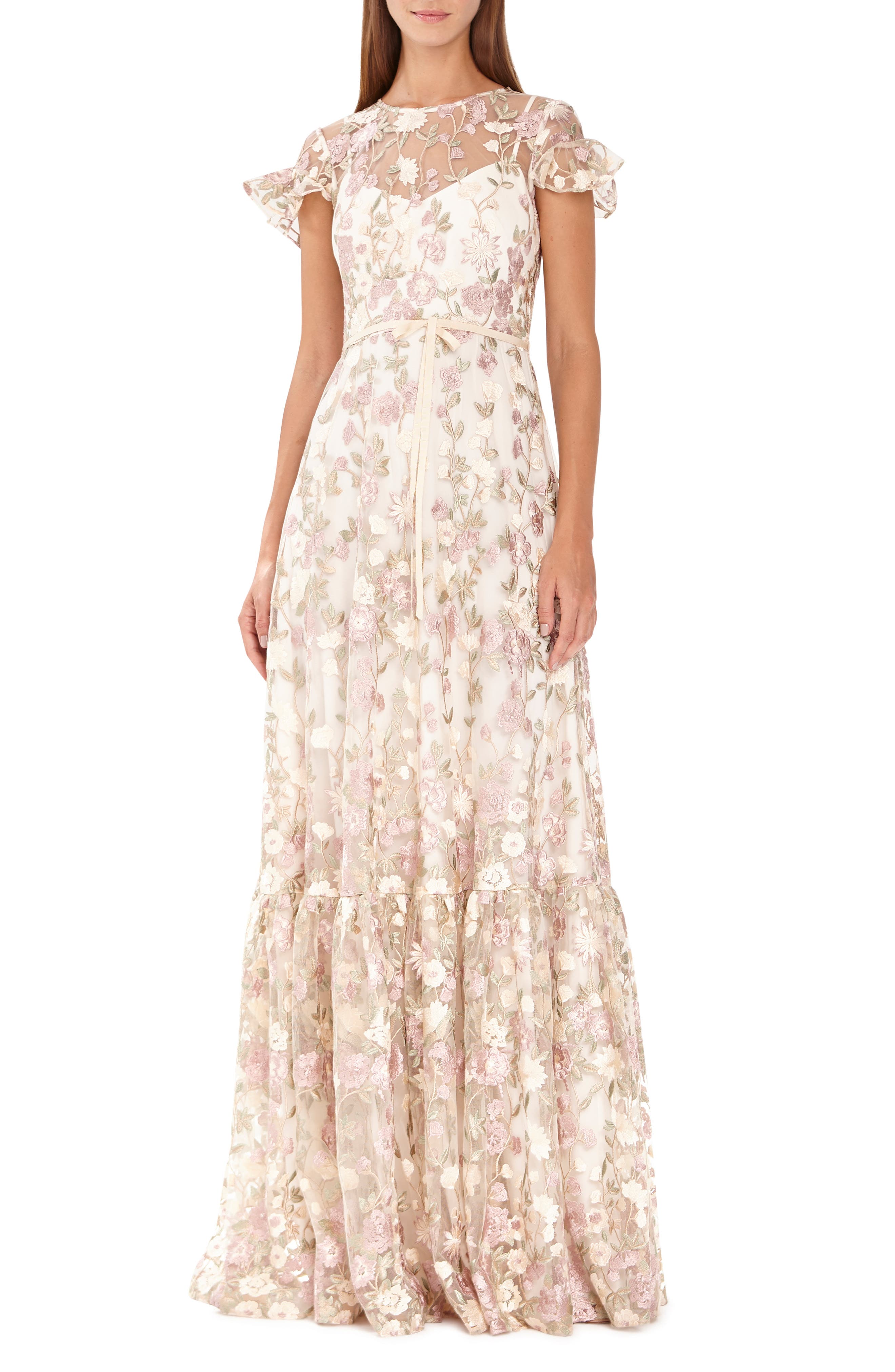 Ml Monique Lhuillier Floral Embroidered Mesh Evening Dress, Pink
