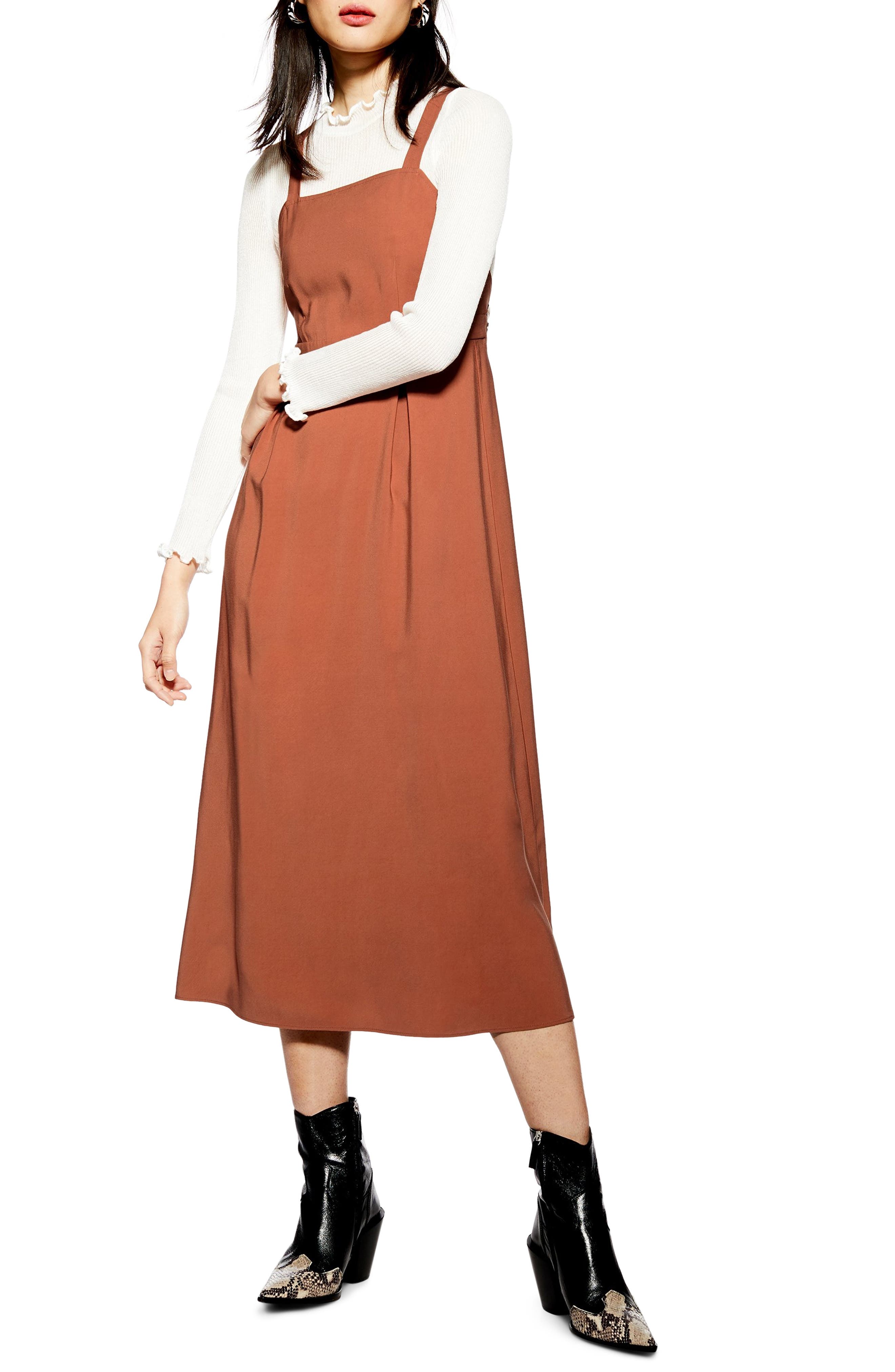 Topshop Tilda Pinafore Midi Dress, US (fits like 2-4) - Brown