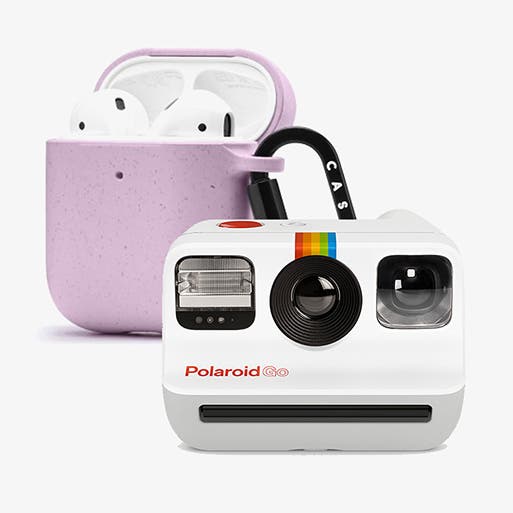 A white Polaroid instant camera and a lavender compostable AirPods case.
