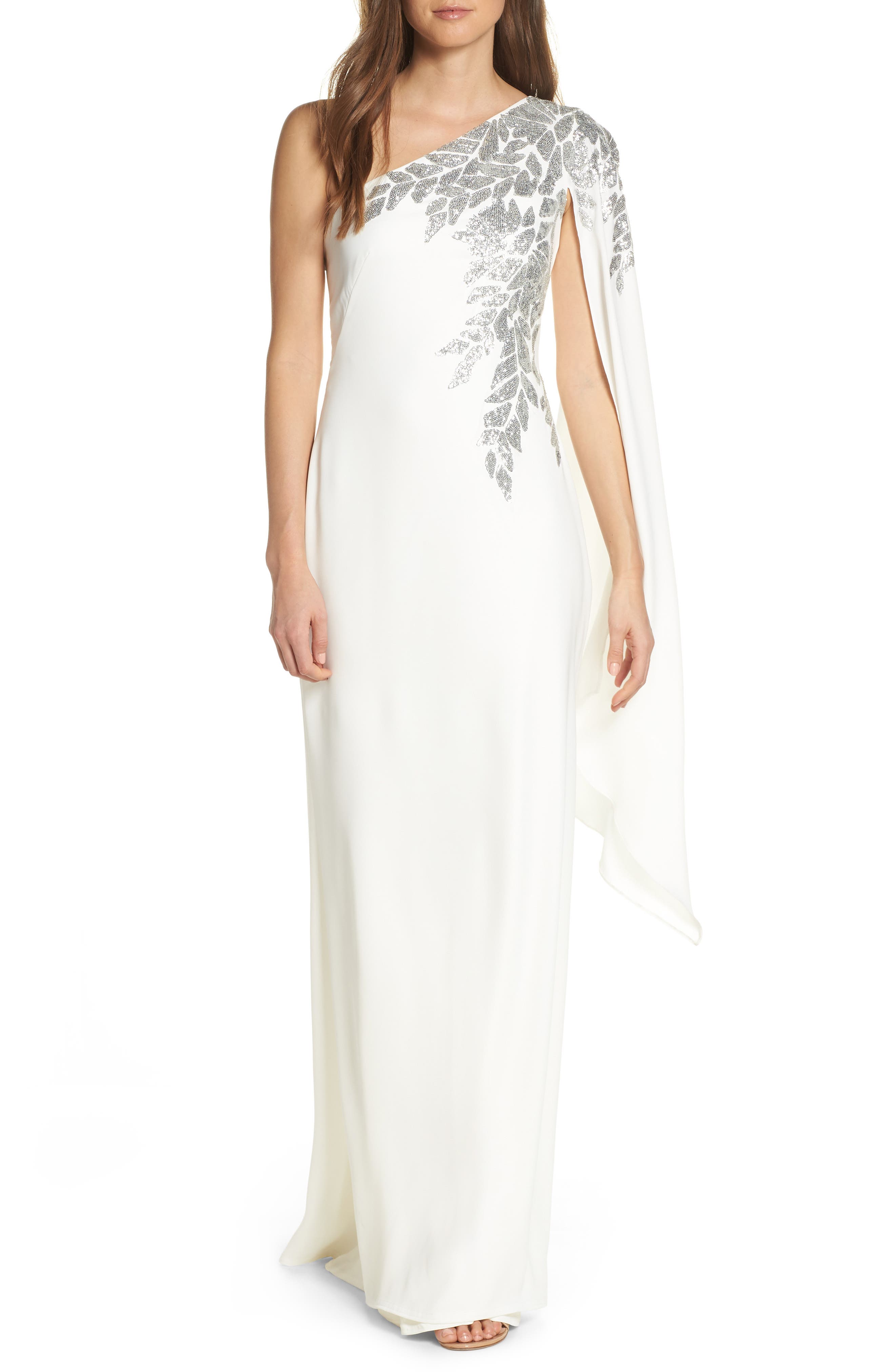 Tadashi Shoji Cape Sleeve Crepe Evening Dress, Ivory