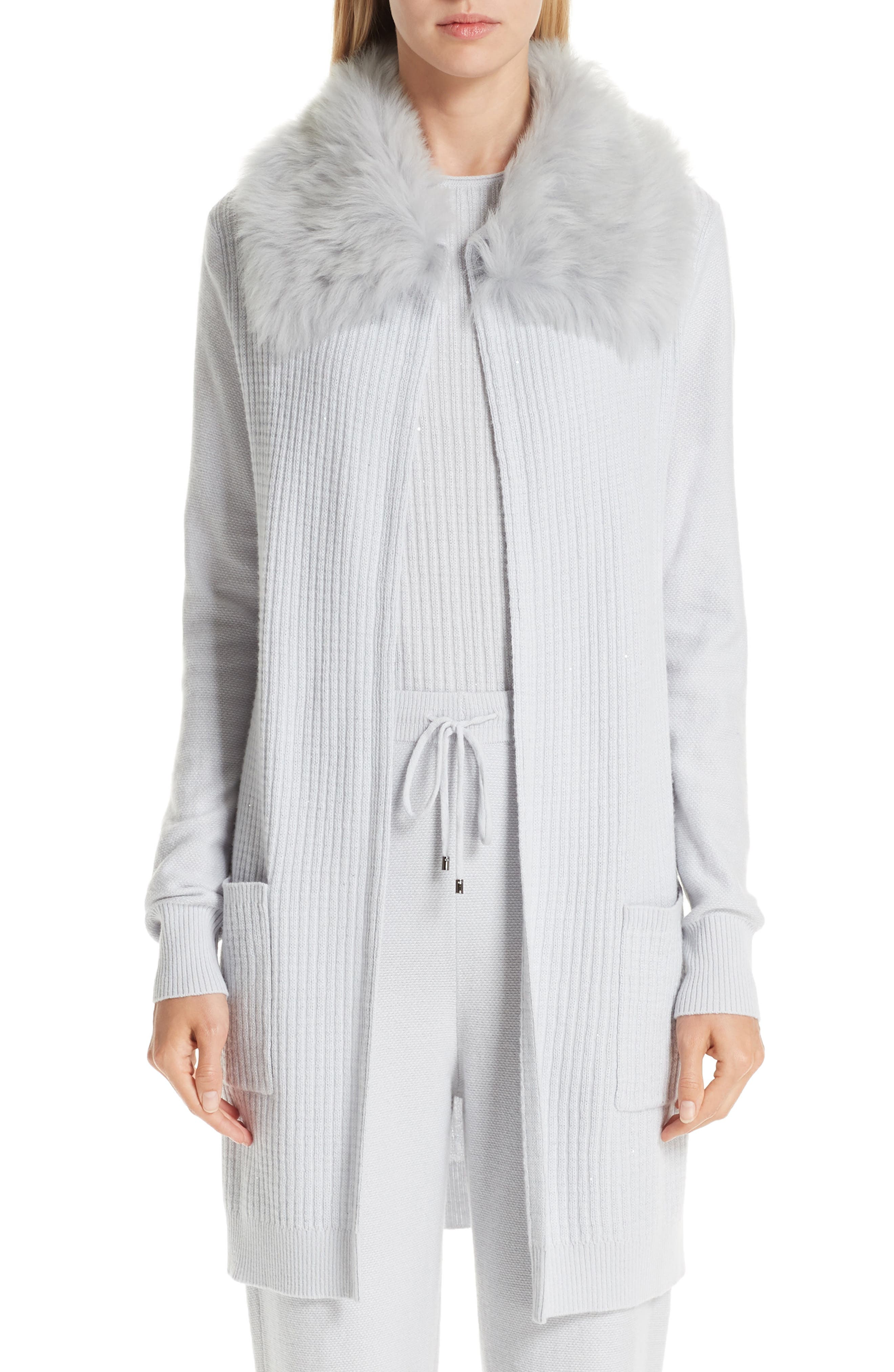 St. John Collection Rib Sequin Knit Cashmere Blend Jacket With Removable Genuine Shearling Collar, Size Petite - Grey
