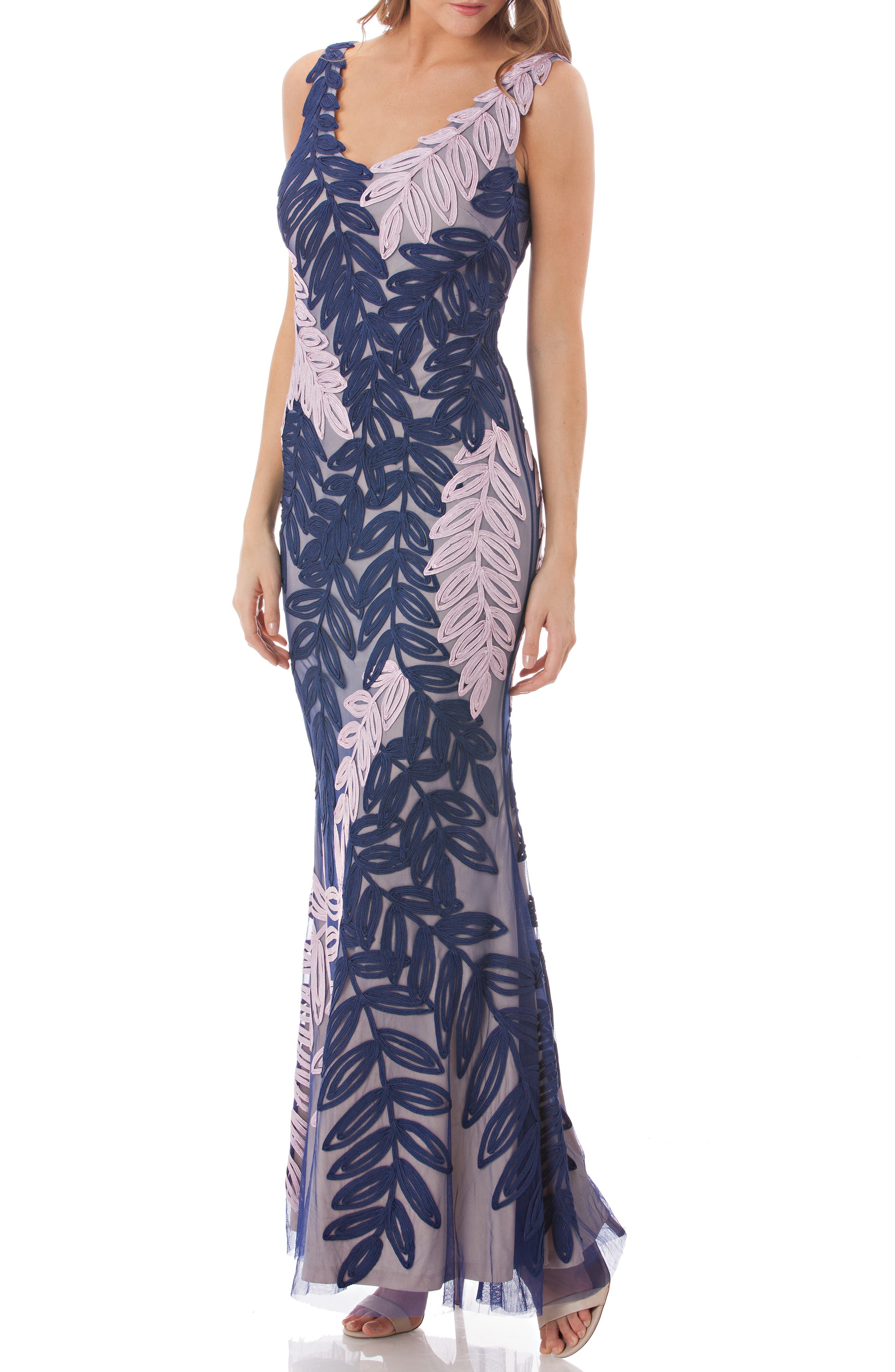 Js Collections Leaf Soutache Trumpet Gown, Purple