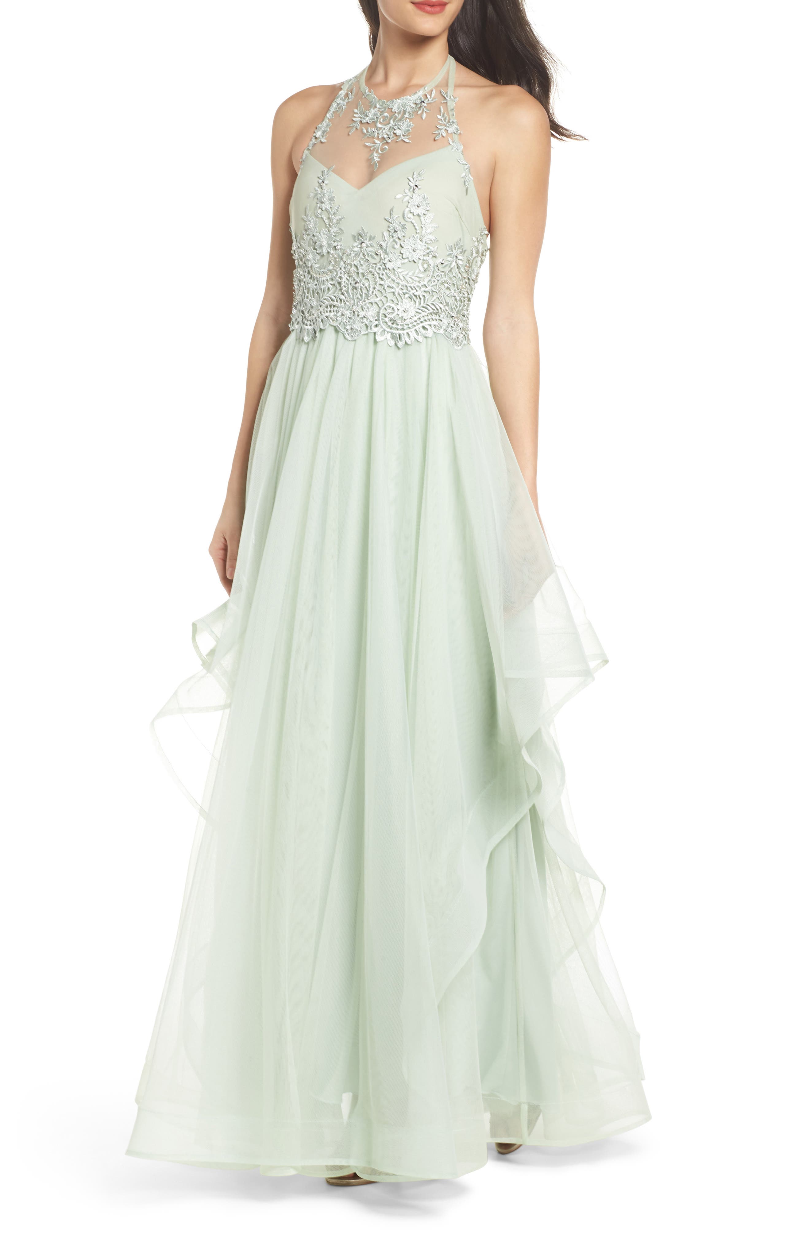 Sequin Hearts Embroidered Halter Gown, Green
