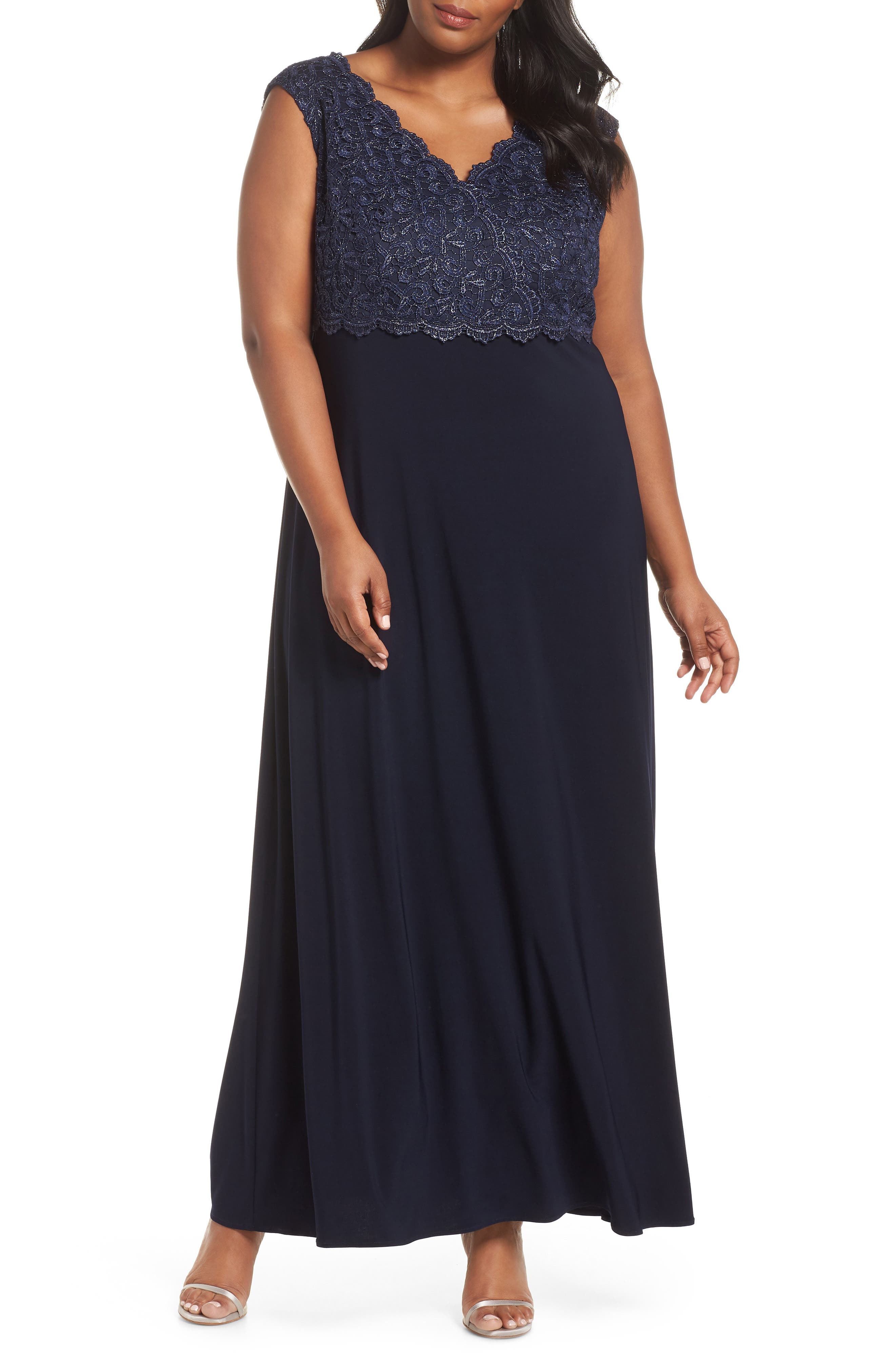 Plus Size Alex Evenings Lace Bodice Gown, Blue