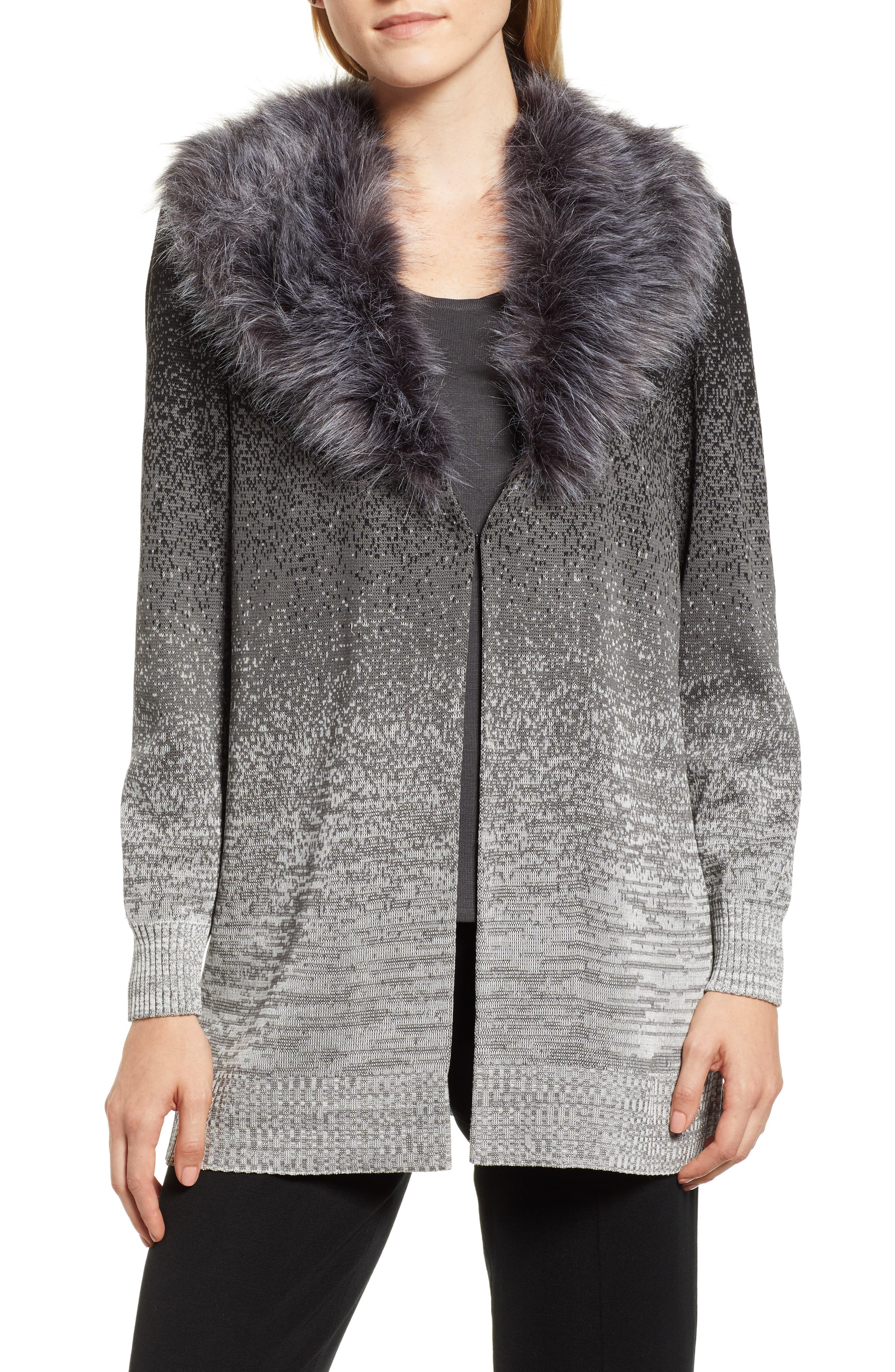 Ming Wang Faux Fur Trim Knit Jacket, Grey